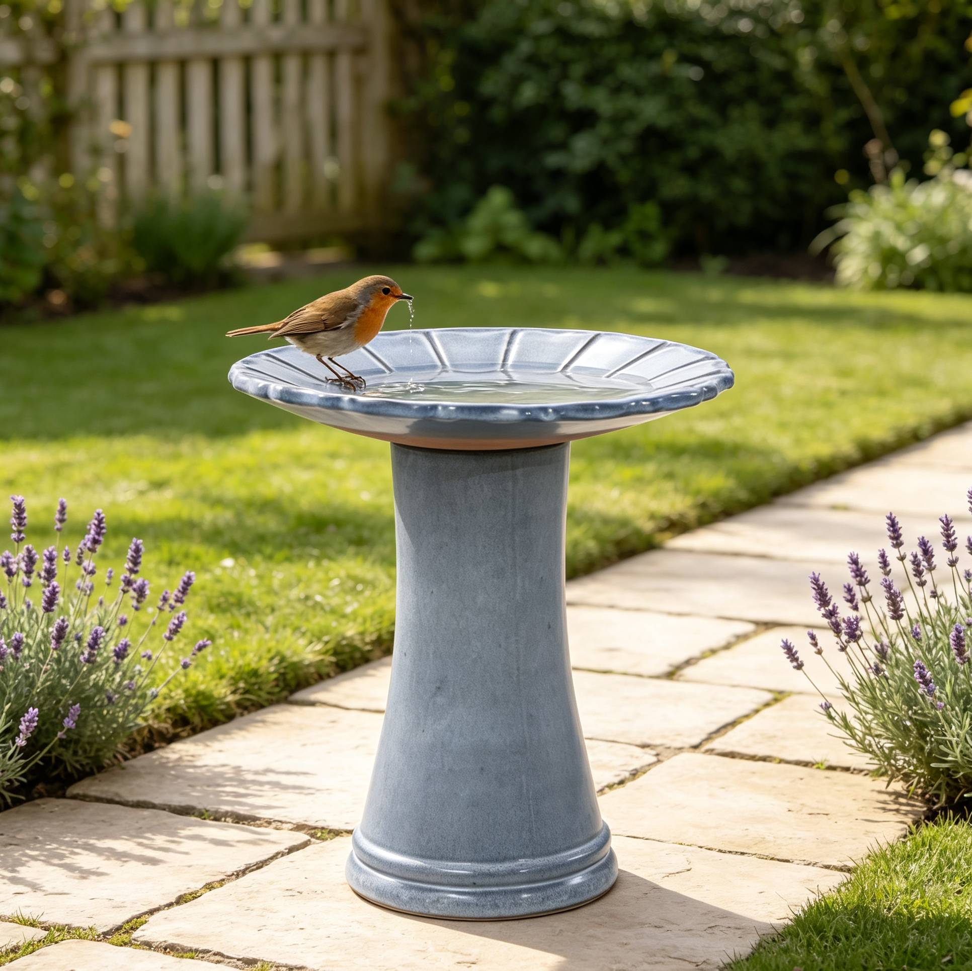 ComfortXL - Bain d’oiseaux en céramique Ø43 x H45 cm bleu-gris brillant pour jardin terrasse antigel - ComfortXL Outdoor Living