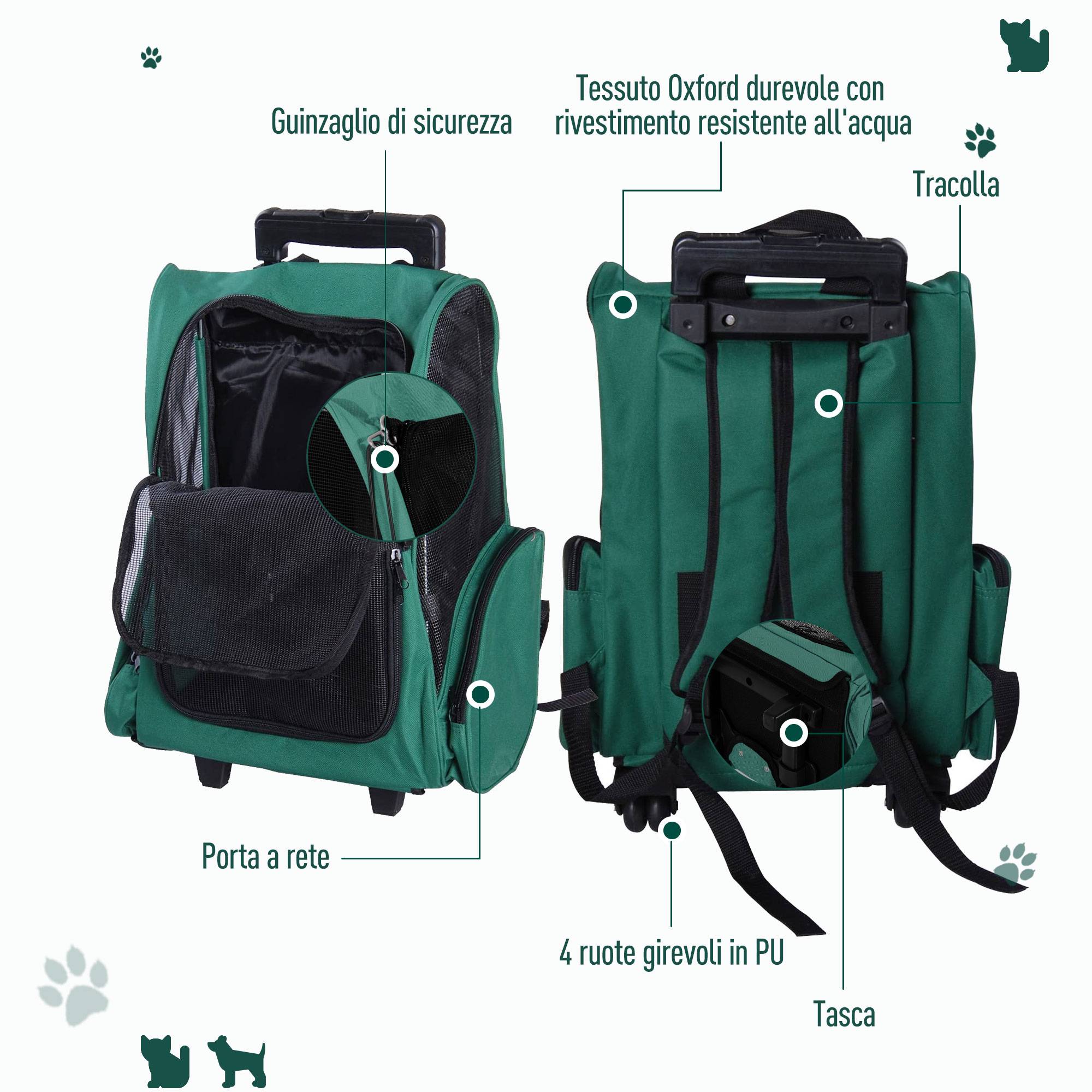Sac à dos de transport trolley pour chien chat en métal Oxford aéré vert 55cm - ComfortXL Outdoor Living - Image 8