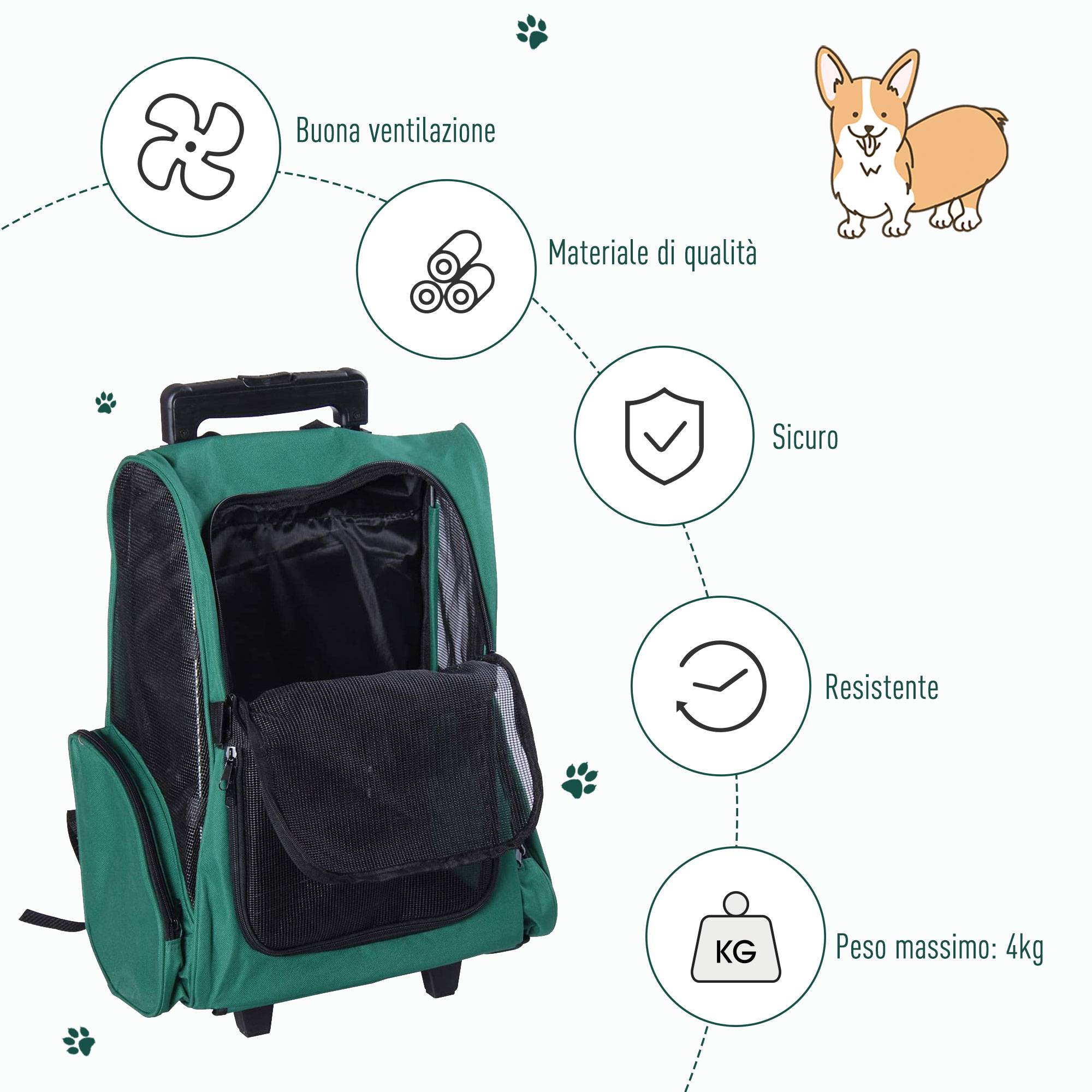Sac à dos de transport trolley pour chien chat en métal Oxford aéré vert 55cm - ComfortXL Outdoor Living - Image 9