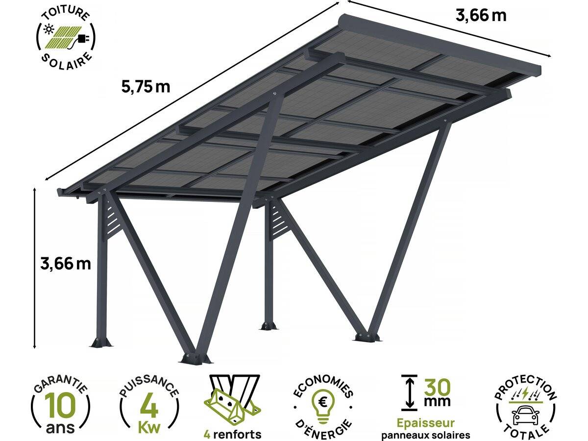 Habitat Et Jardin - Ombrière Carport Solaire Avec Panneaux Photovoltaïques - 366 X 575 X 366 Cm - Gris - 4,1 Kw -habitat Et Jardin - Imagen 3