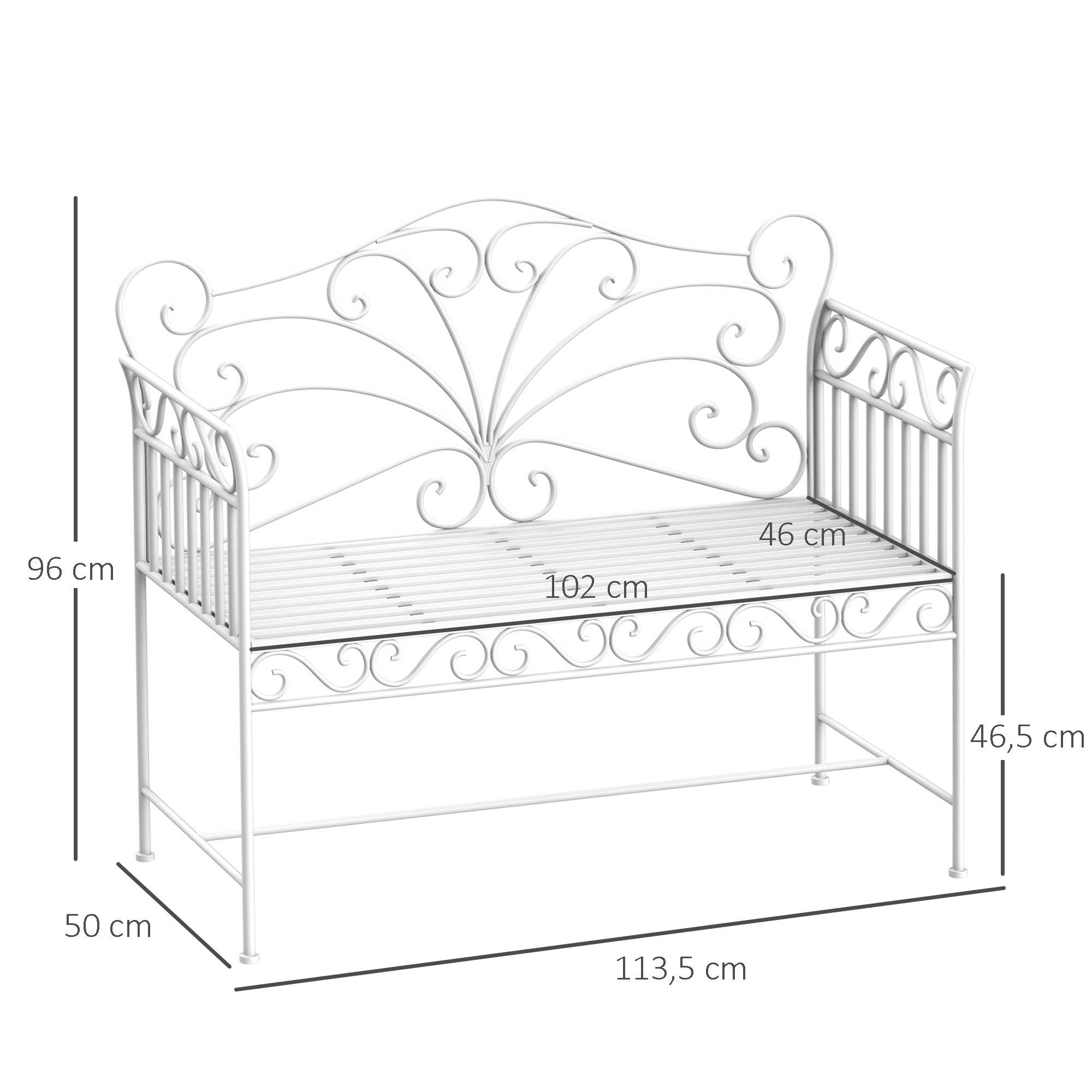 ComfortXL - Banc de jardin 2 places métal blanc 111 x 50 x 98 cm extérieur terrasse dossier décoratif résistant aux intempéries - Image 3