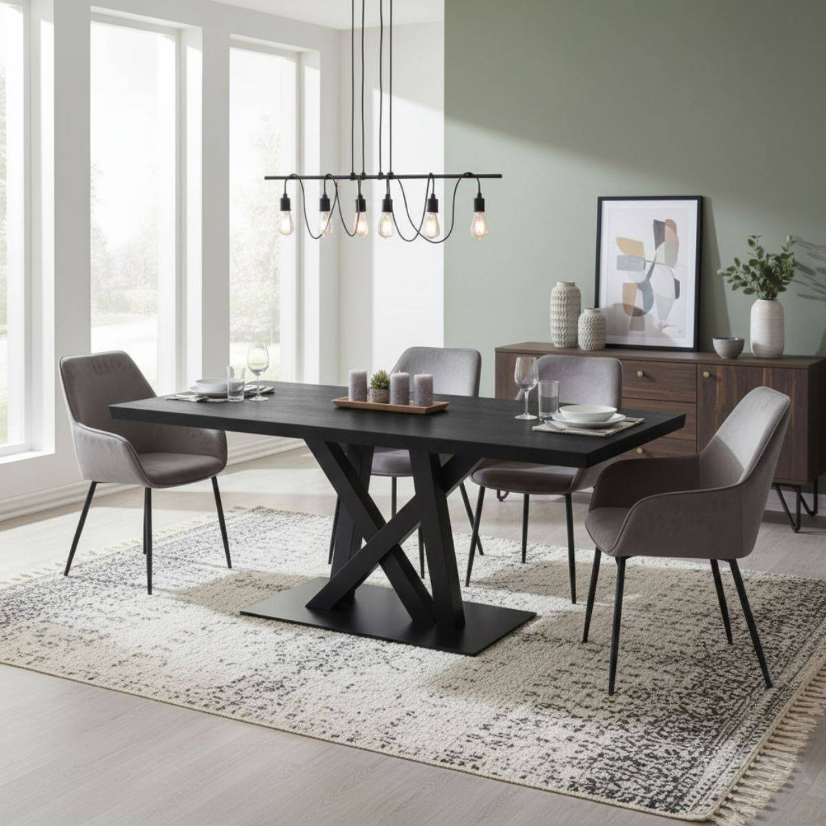 Table Rectangulaire 230cm Aspect Bois Noir Piètement Croisé Métal Noir - NOX - Image 2