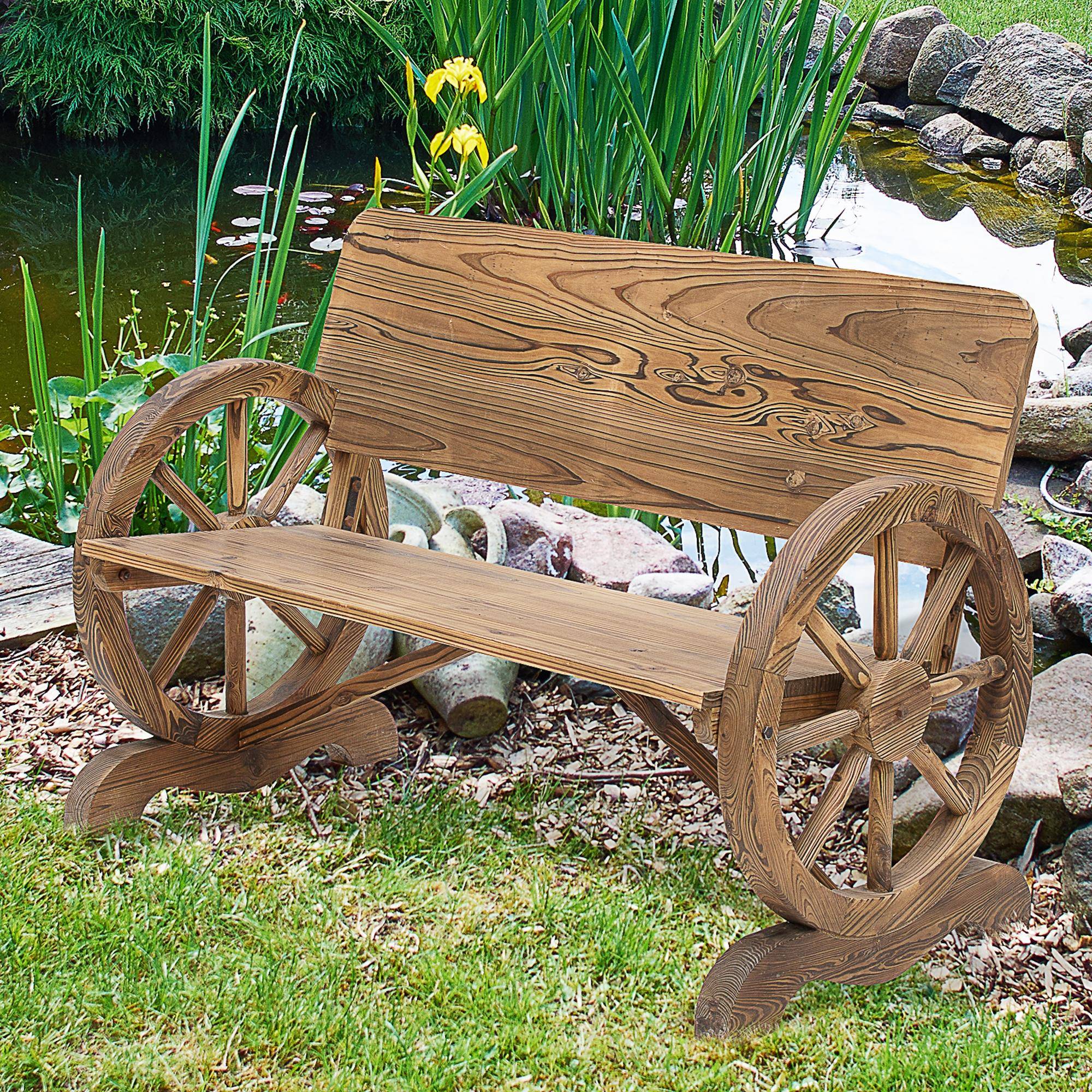 Sans Marque - Banc jardin 2 places bois massif accoudoirs design roues chariot mobilier jardin 250 kg rustique 114x58x80 cm marron - Image 4