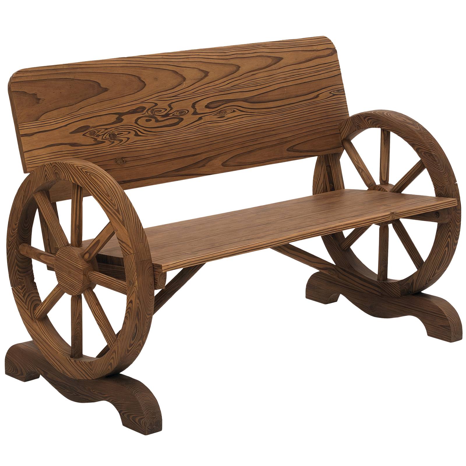 Sans Marque - Banc jardin 2 places bois massif accoudoirs design roues chariot mobilier jardin 250 kg rustique 114x58x80 cm marron - Image 1