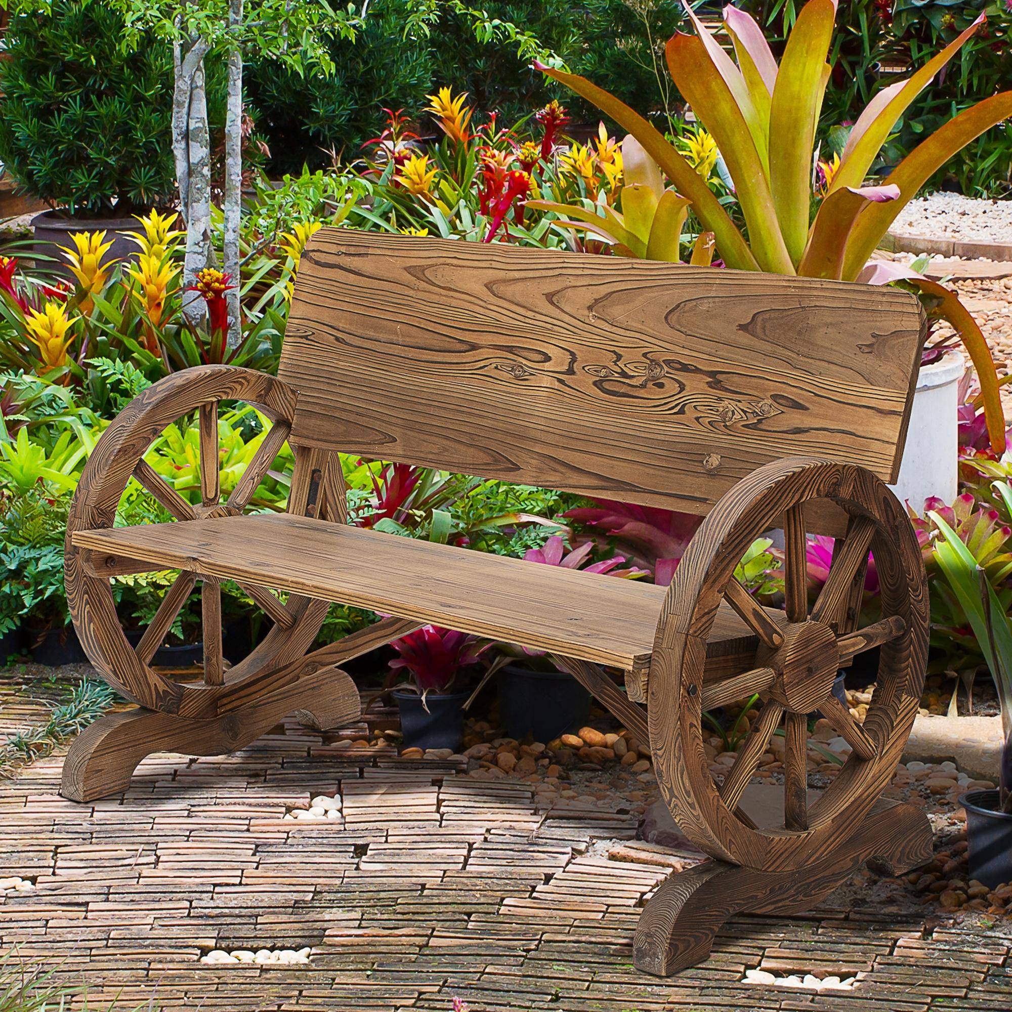 Sans Marque - Banc jardin 2 places bois massif accoudoirs design roues chariot mobilier jardin 250 kg rustique 114x58x80 cm marron - Image 3
