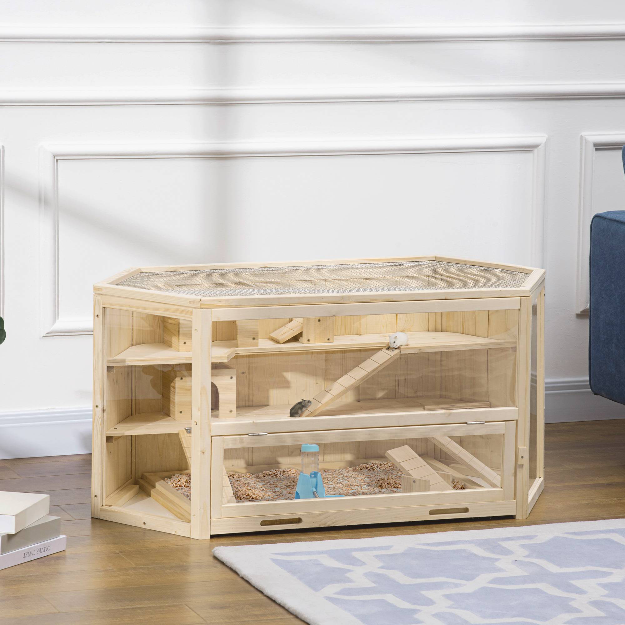 Cage hamster 3 niveaux en bois pour petits rongeurs toit ouvrant 115x60x55cm naturel - ComfortXL Outdoor Living - Image 3