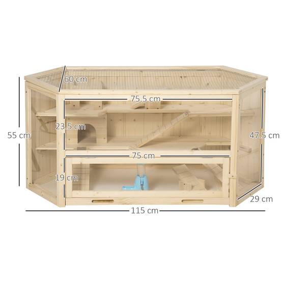 Cage hamster 3 niveaux en bois pour petits rongeurs toit ouvrant 115x60x55cm naturel - ComfortXL Outdoor Living - Image 5