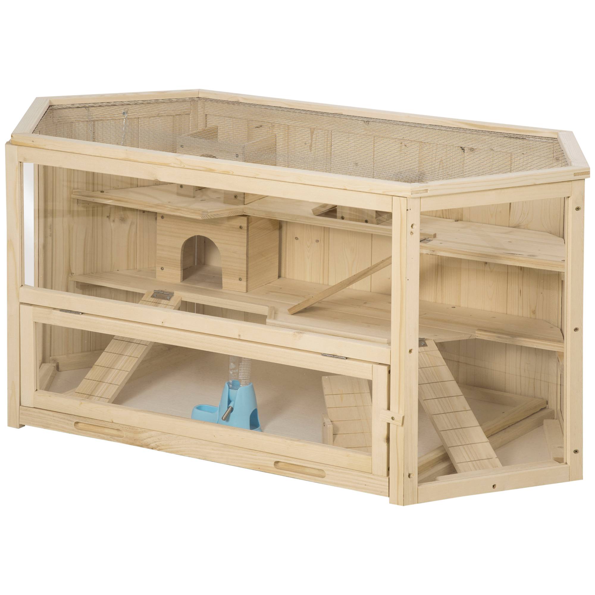 Cage hamster 3 niveaux en bois pour petits rongeurs toit ouvrant 115x60x55cm naturel - ComfortXL Outdoor Living - Image 2