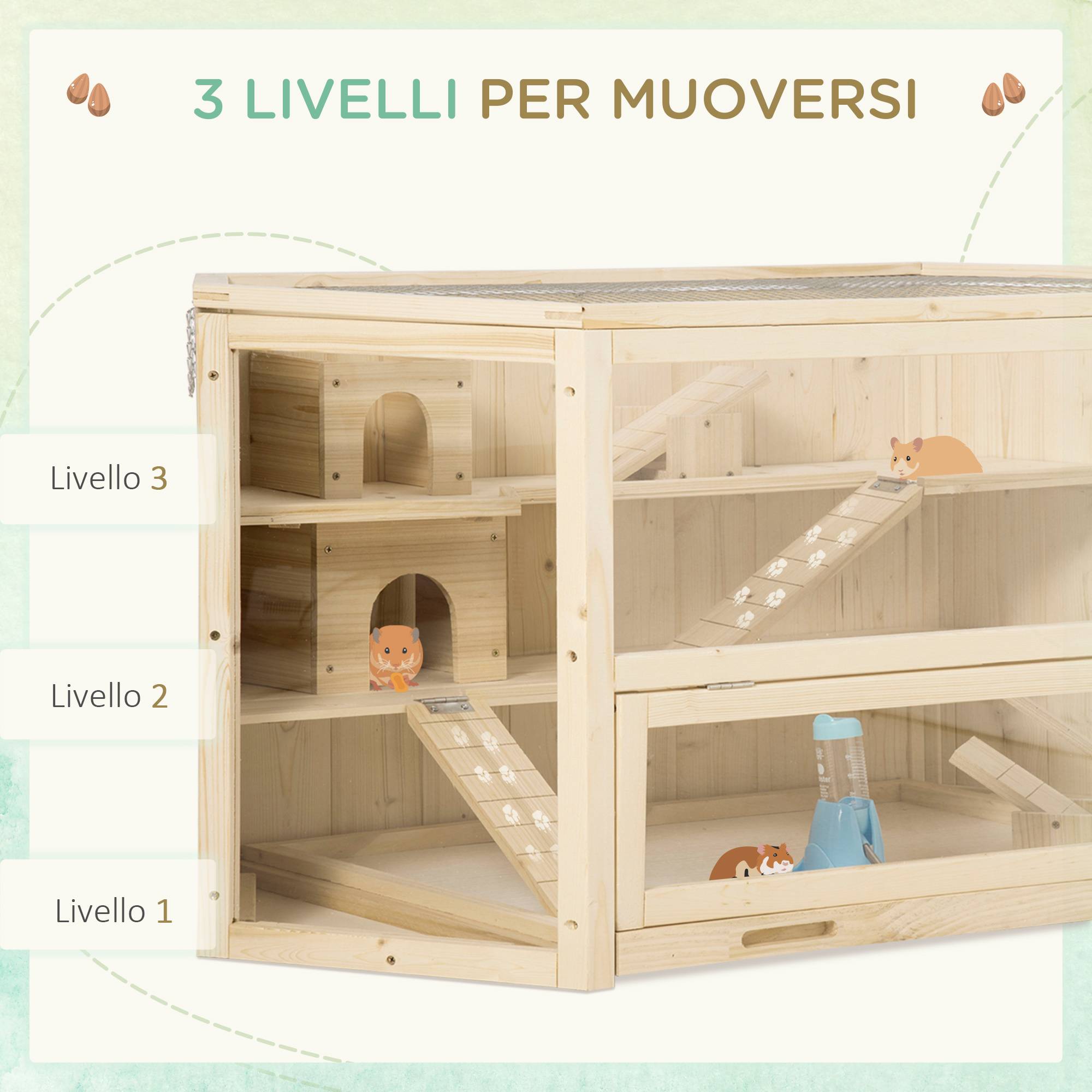 Cage hamster 3 niveaux en bois pour petits rongeurs toit ouvrant 115x60x55cm naturel - ComfortXL Outdoor Living - Image 7