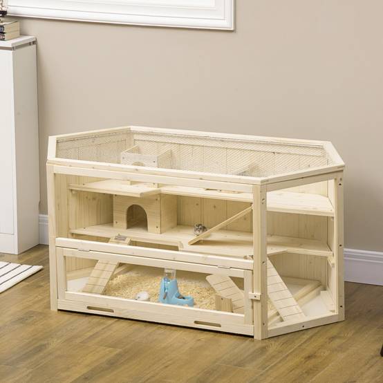 Cage hamster 3 niveaux en bois pour petits rongeurs toit ouvrant 115x60x55cm naturel - ComfortXL Outdoor Living - Image 4