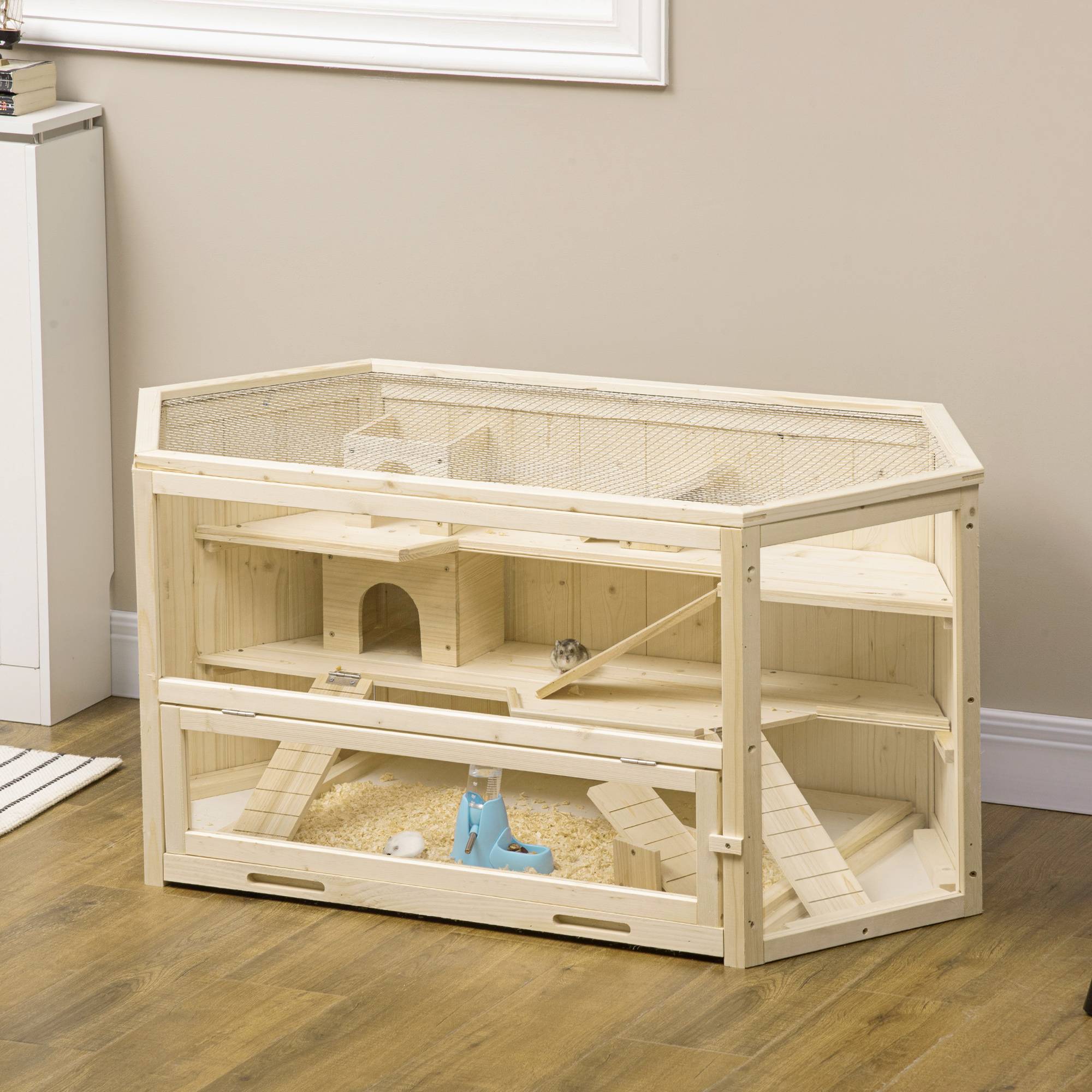 Cage hamster 3 niveaux en bois pour petits rongeurs toit ouvrant 115x60x55cm naturel - ComfortXL Outdoor Living - Image 4