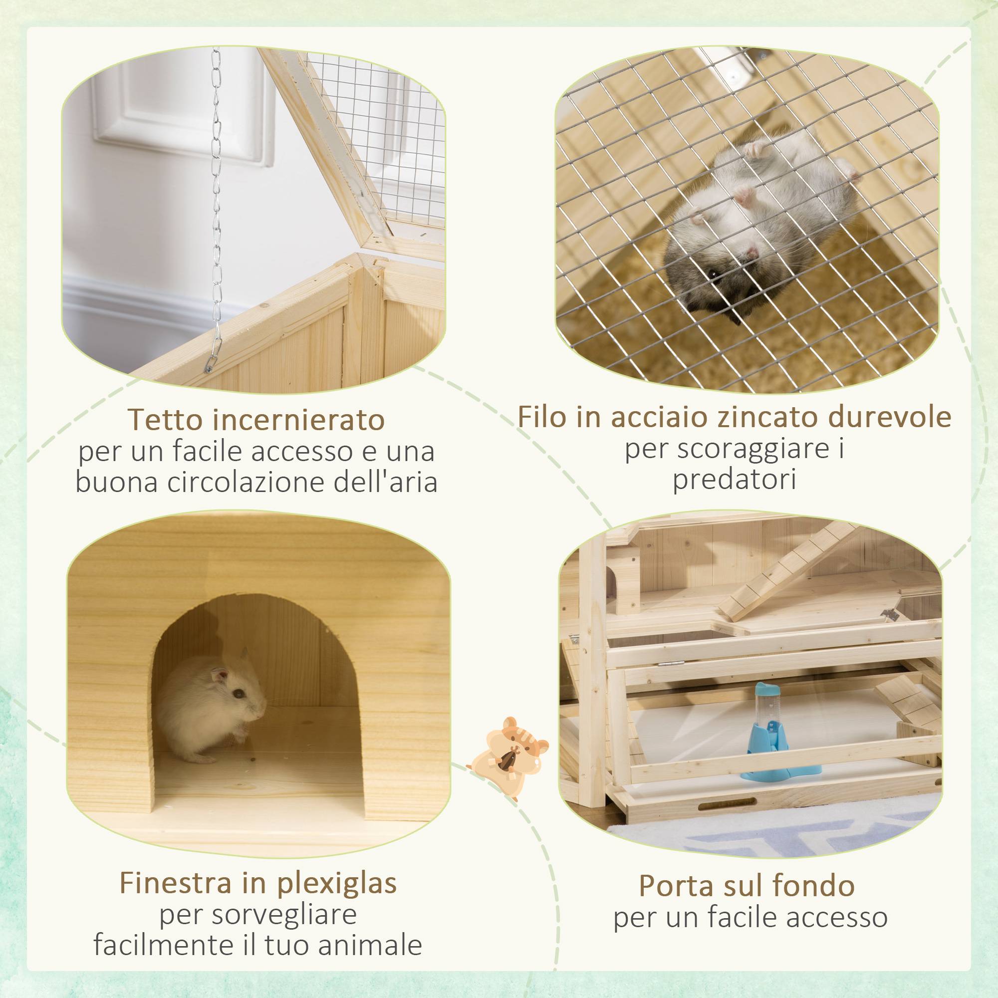 Cage hamster 3 niveaux en bois pour petits rongeurs toit ouvrant 115x60x55cm naturel - ComfortXL Outdoor Living - Image 6