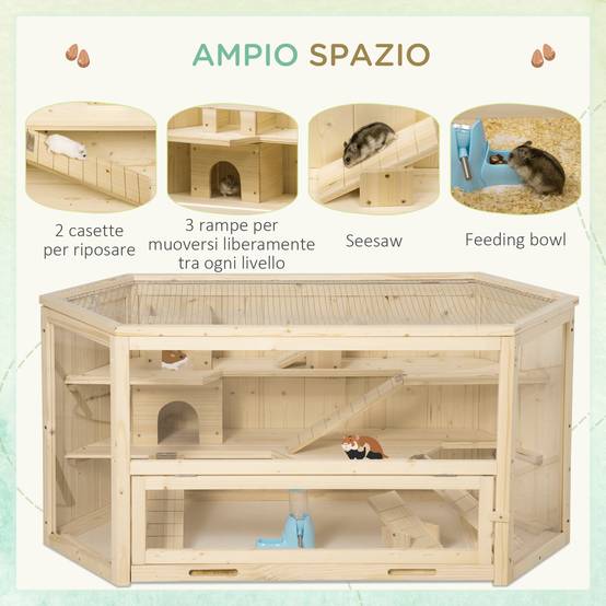 Cage hamster 3 niveaux en bois pour petits rongeurs toit ouvrant 115x60x55cm naturel - ComfortXL Outdoor Living - Image 8
