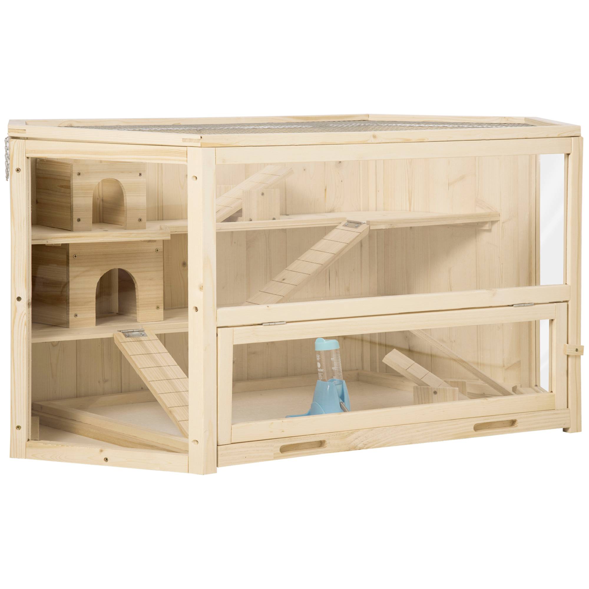 Cage hamster 3 niveaux en bois pour petits rongeurs toit ouvrant 115x60x55cm naturel - ComfortXL Outdoor Living - Image 1