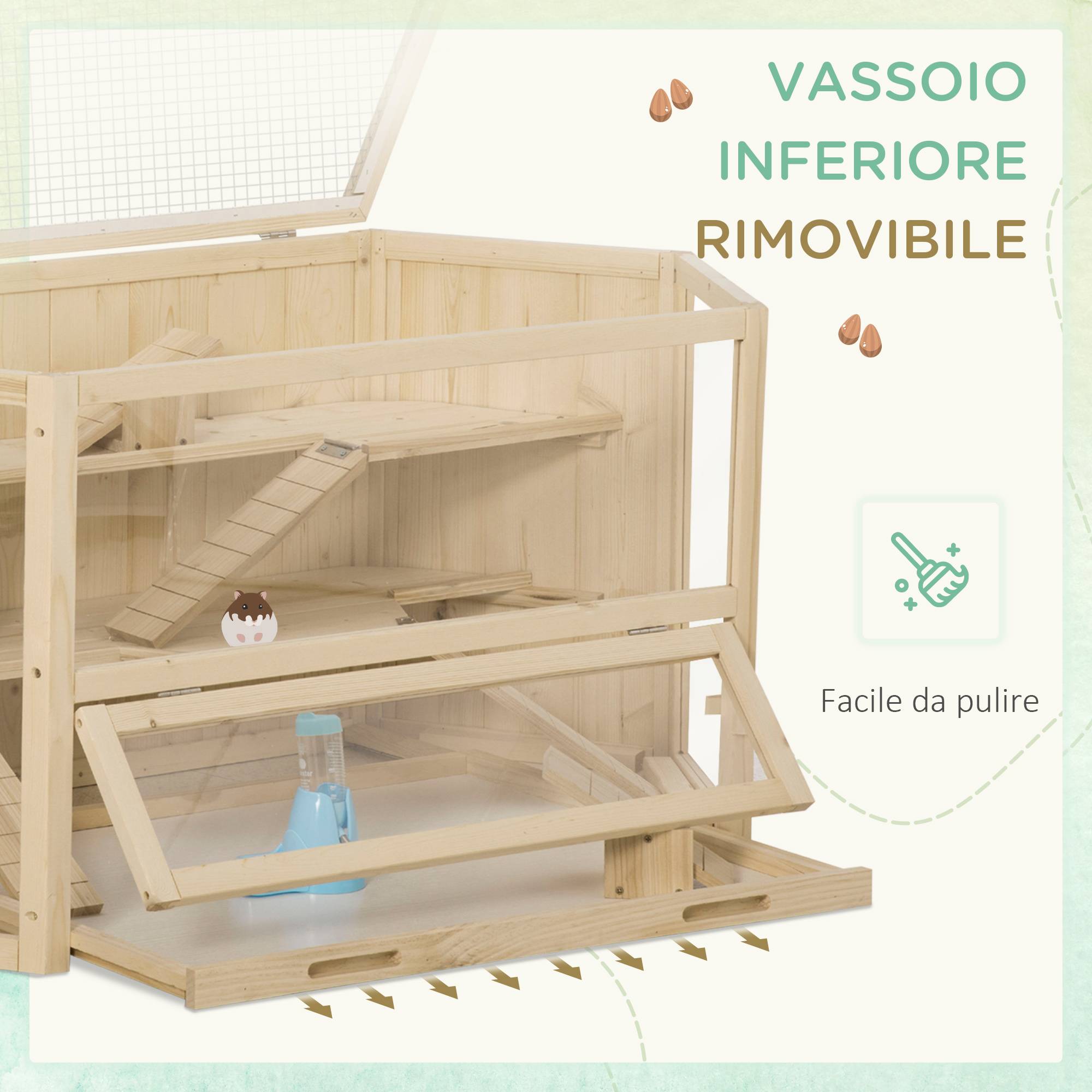 Cage hamster 3 niveaux en bois pour petits rongeurs toit ouvrant 115x60x55cm naturel - ComfortXL Outdoor Living - Image 9
