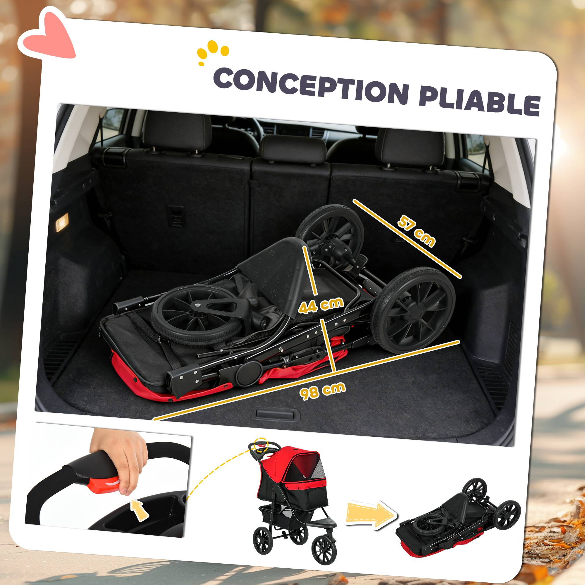 Poussette pour chien chariot pliable 3 roues tout-terrain EVA 12" auvent ajustable 2 laisses 109,5x57,5x106,5cm rouge - Image 8