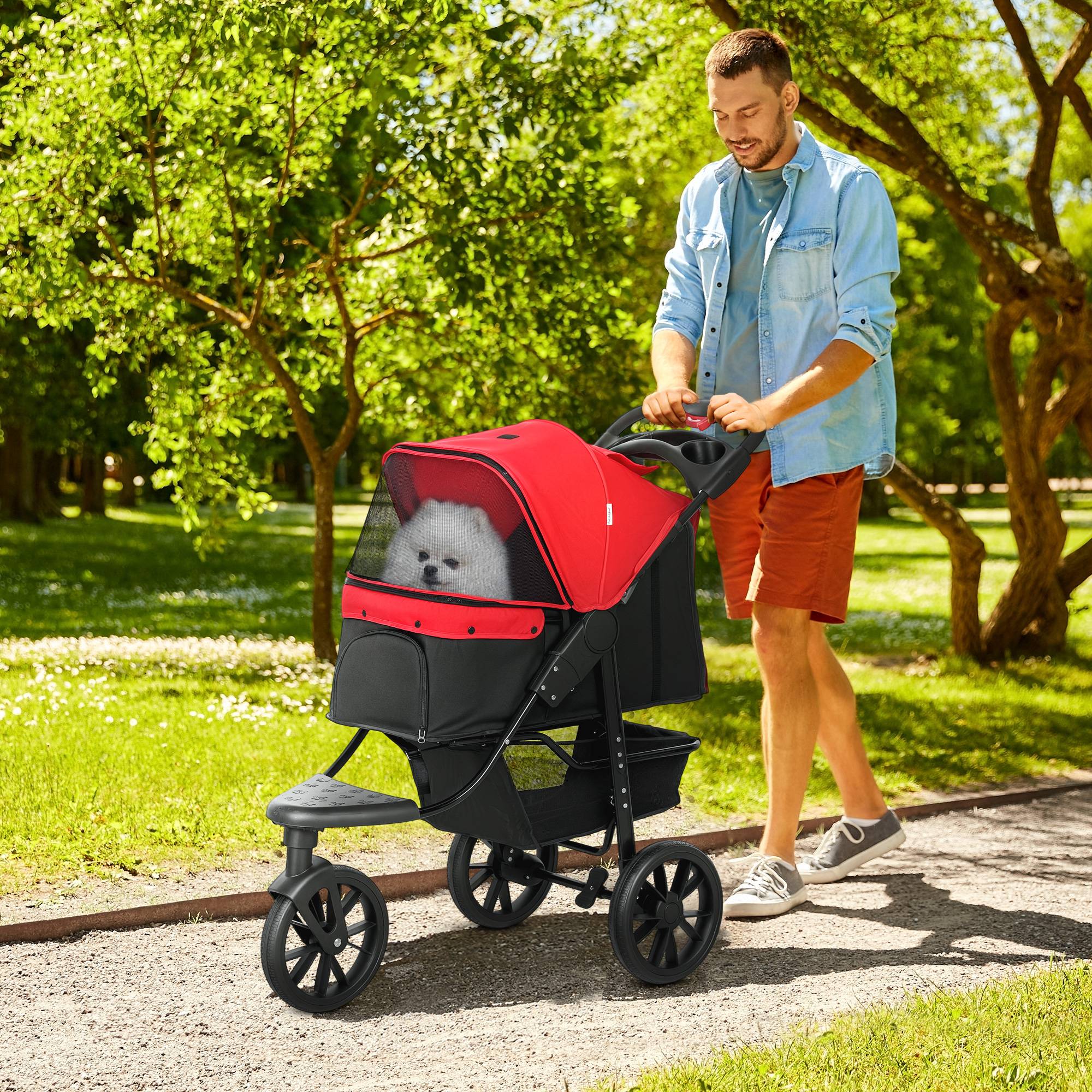 Poussette pour chien chariot pliable 3 roues tout-terrain EVA 12" auvent ajustable 2 laisses 109,5x57,5x106,5cm rouge - Image 3