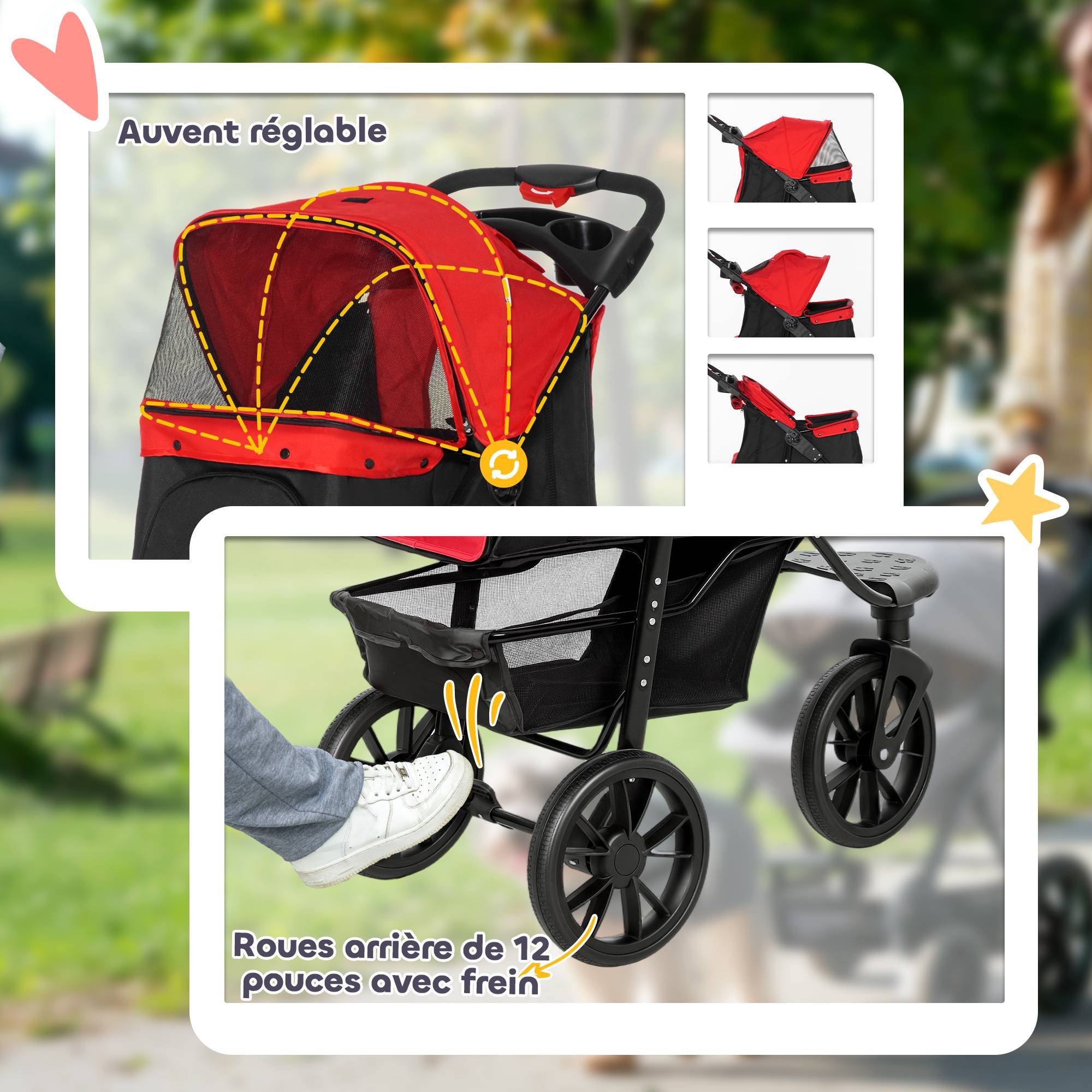 Poussette pour chien chariot pliable 3 roues tout-terrain EVA 12" auvent ajustable 2 laisses 109,5x57,5x106,5cm rouge - Image 9