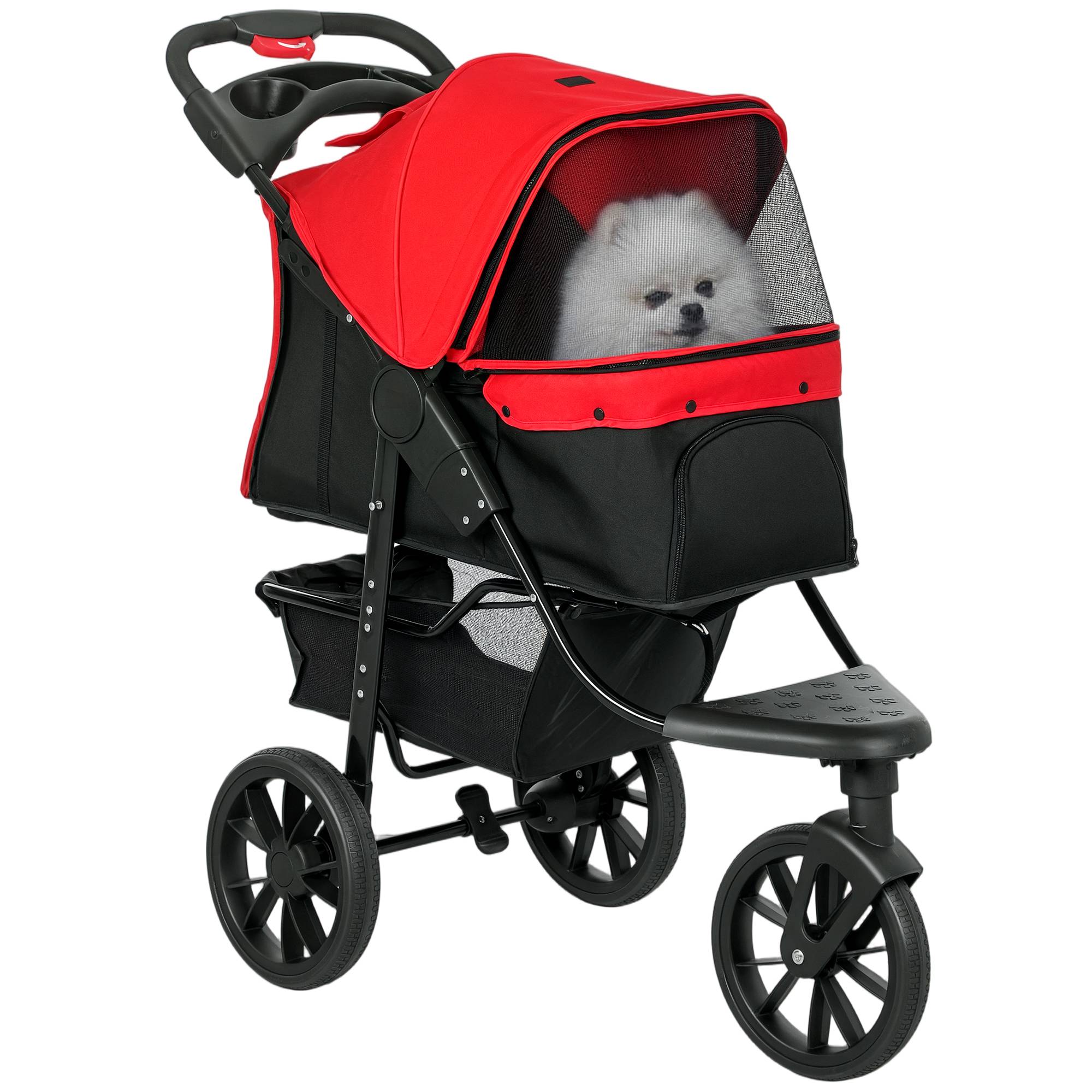 Poussette pour chien chariot pliable 3 roues tout-terrain EVA 12" auvent ajustable 2 laisses 109,5x57,5x106,5cm rouge - Image 1