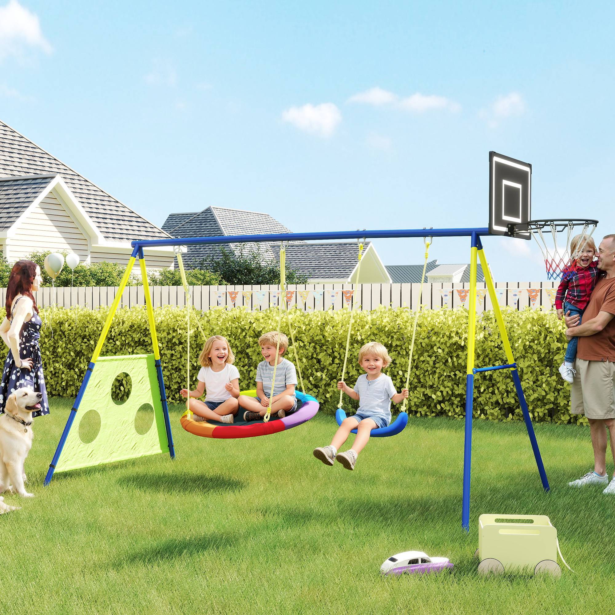 Balançoire Portique Enfants 4-en-1, avec Balançoire Nid, Panier de Basket et Cage de Football, Aire de Jeux, Multicolore - Image 3