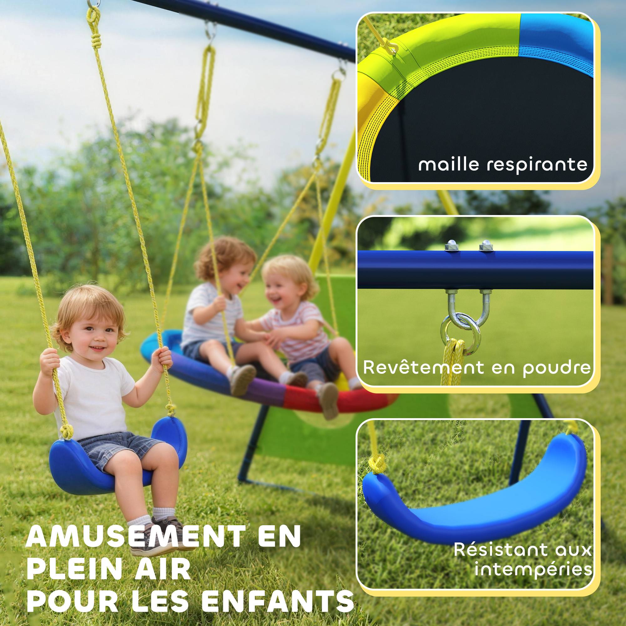 Balançoire Portique Enfants 4-en-1, avec Balançoire Nid, Panier de Basket et Cage de Football, Aire de Jeux, Multicolore - Image 9