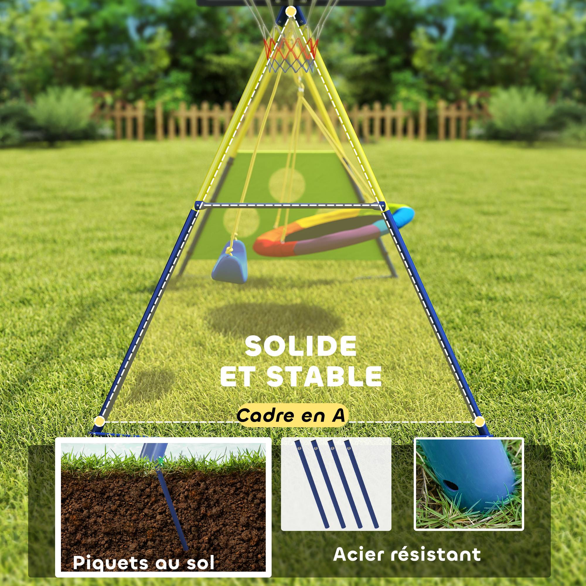 Balançoire Portique Enfants 4-en-1, avec Balançoire Nid, Panier de Basket et Cage de Football, Aire de Jeux, Multicolore - Image 7