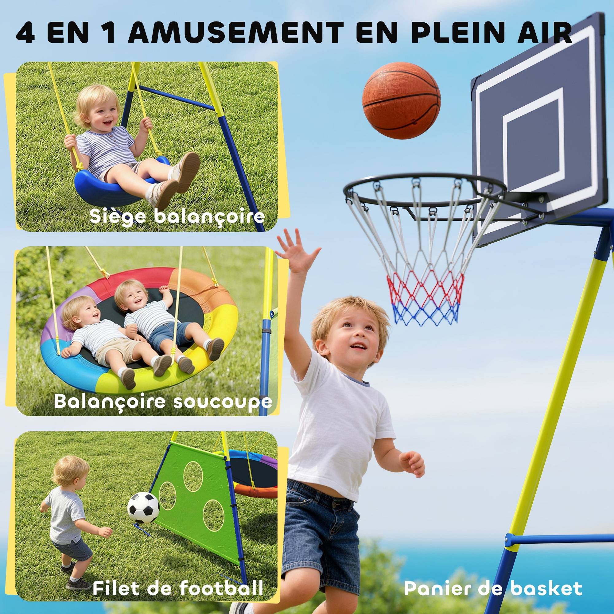 Balançoire Portique Enfants 4-en-1, avec Balançoire Nid, Panier de Basket et Cage de Football, Aire de Jeux, Multicolore - Image 6
