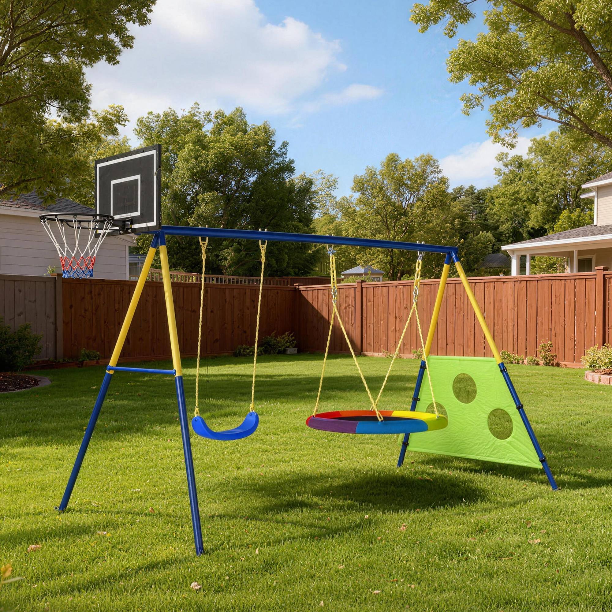 Balançoire Portique Enfants 4-en-1, avec Balançoire Nid, Panier de Basket et Cage de Football, Aire de Jeux, Multicolore - Image 4