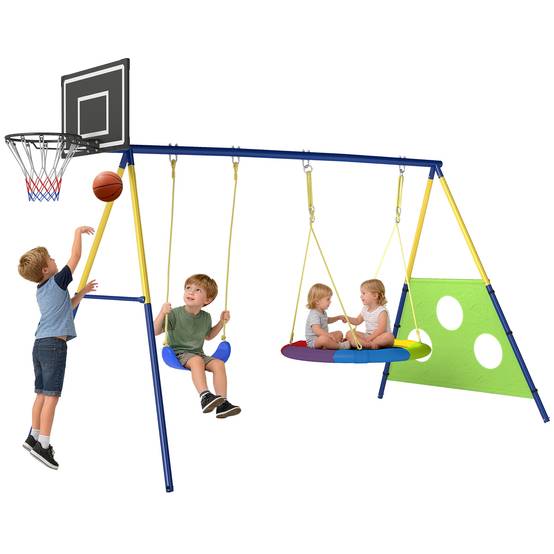 Balançoire Portique Enfants 4-en-1, avec Balançoire Nid, Panier de Basket et Cage de Football, Aire de Jeux, Multicolore - Image 1