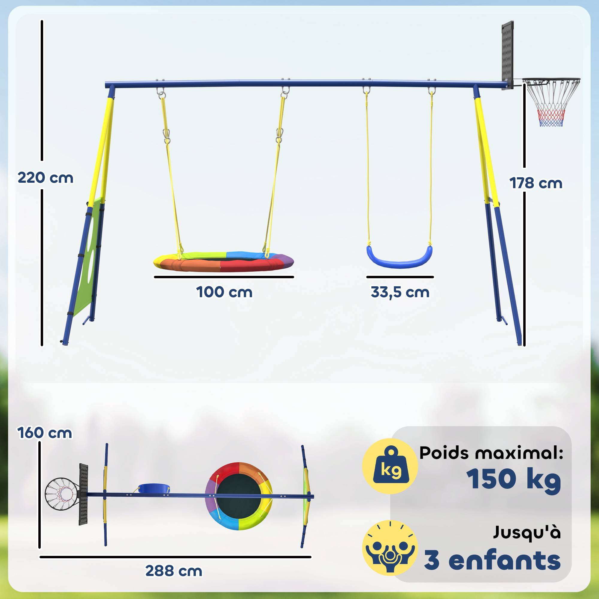 Balançoire Portique Enfants 4-en-1, avec Balançoire Nid, Panier de Basket et Cage de Football, Aire de Jeux, Multicolore - Image 5