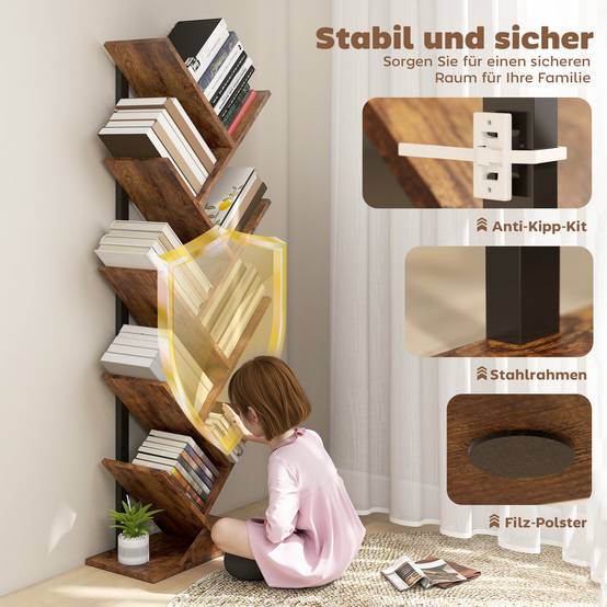 Étagère à livres, étagère autoportante à 9 niveaux, étroite, en forme d'arbre, idéale pour le bureau, couleur marron rustique - Image 7