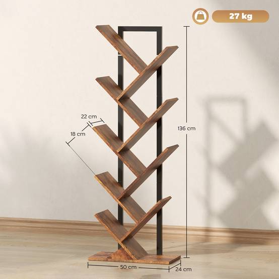 Étagère à livres, étagère autoportante à 9 niveaux, étroite, en forme d'arbre, idéale pour le bureau, couleur marron rustique - Image 5