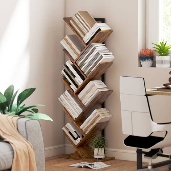 Étagère à livres, étagère autoportante à 9 niveaux, étroite, en forme d'arbre, idéale pour le bureau, couleur marron rustique - Image 4
