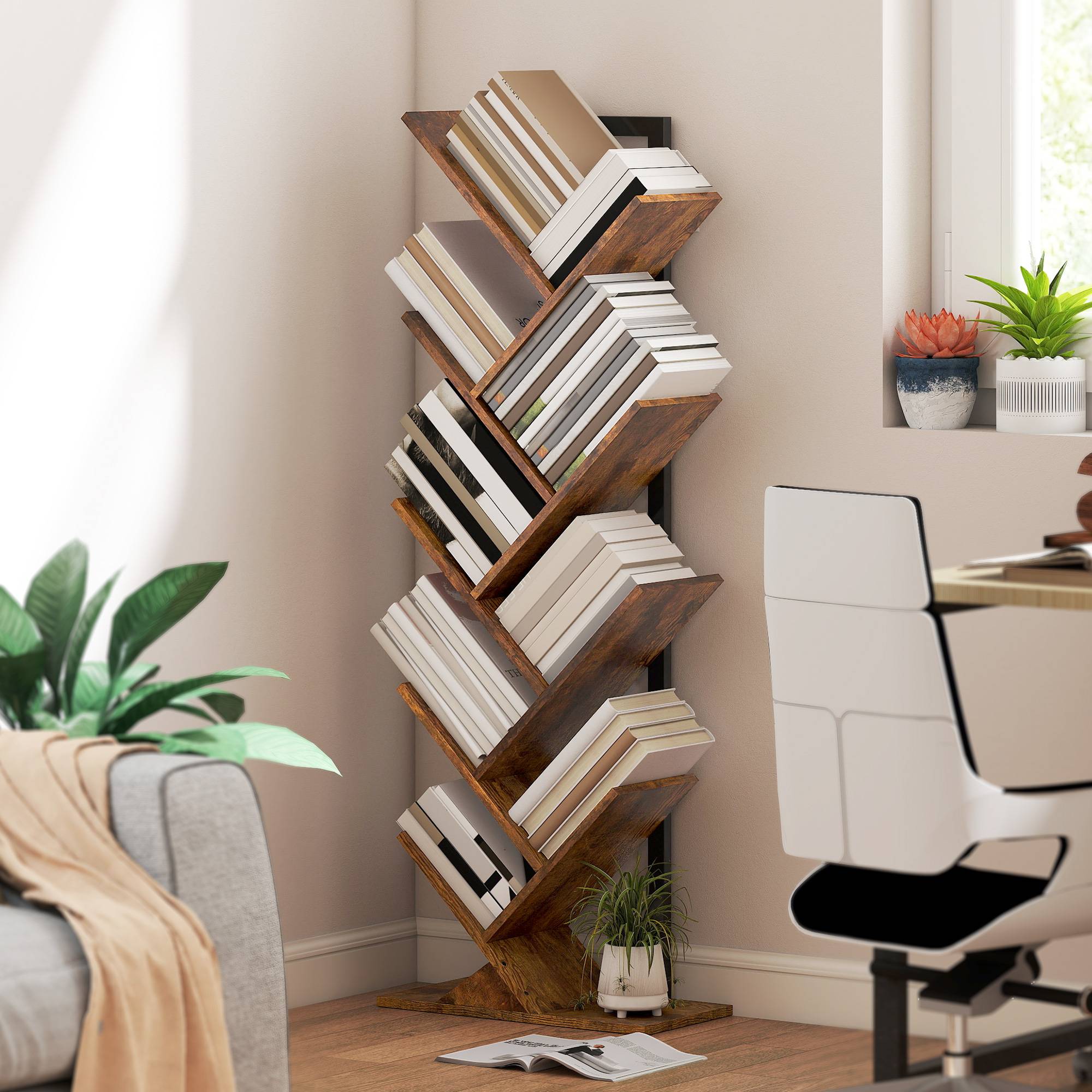 Étagère à livres, étagère autoportante à 9 niveaux, étroite, en forme d'arbre, idéale pour le bureau, couleur marron rustique - Image 4