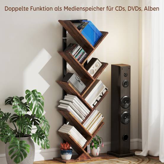 Étagère à livres, étagère autoportante à 9 niveaux, étroite, en forme d'arbre, idéale pour le bureau, couleur marron rustique - Image 8