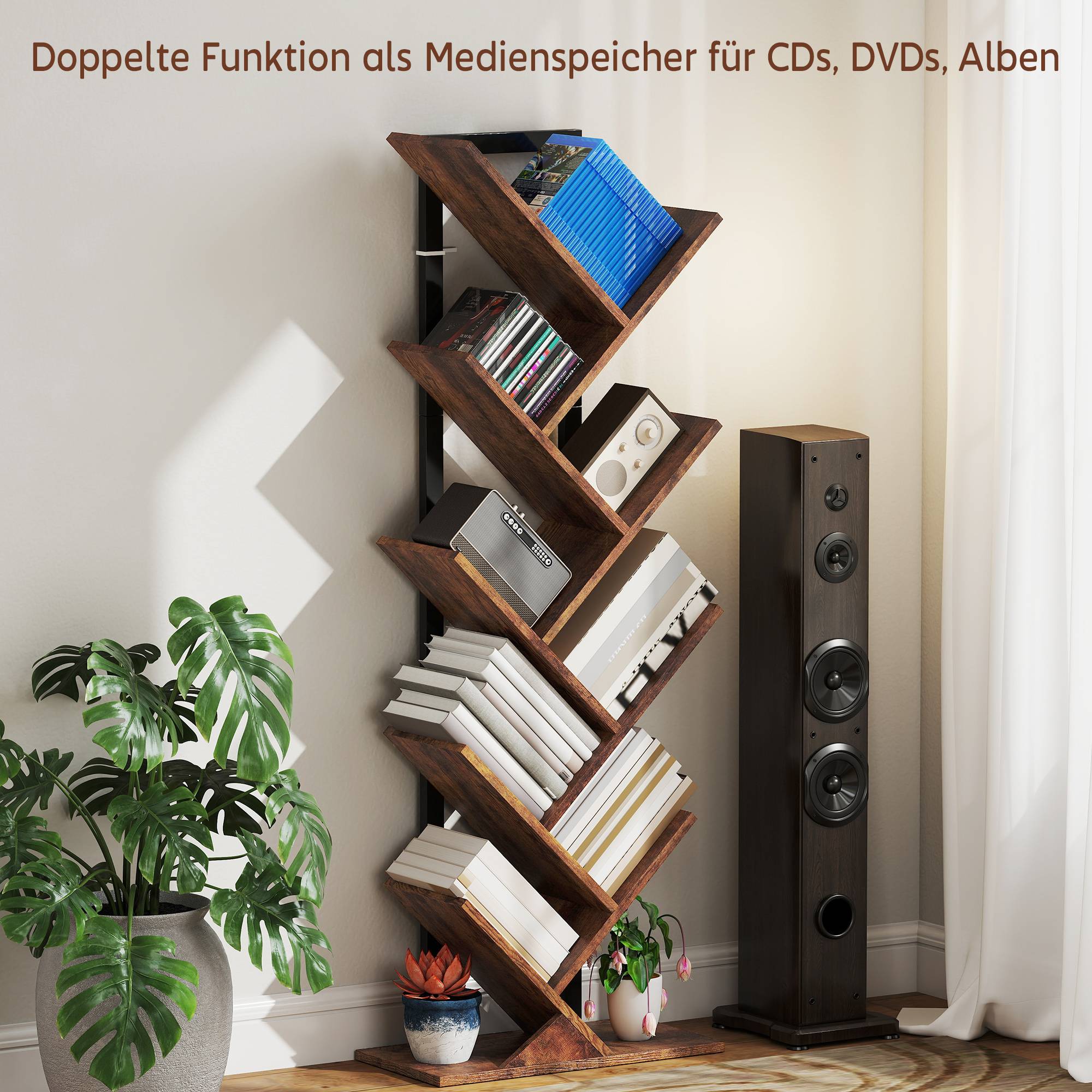 Étagère à livres, étagère autoportante à 9 niveaux, étroite, en forme d'arbre, idéale pour le bureau, couleur marron rustique - Image 8