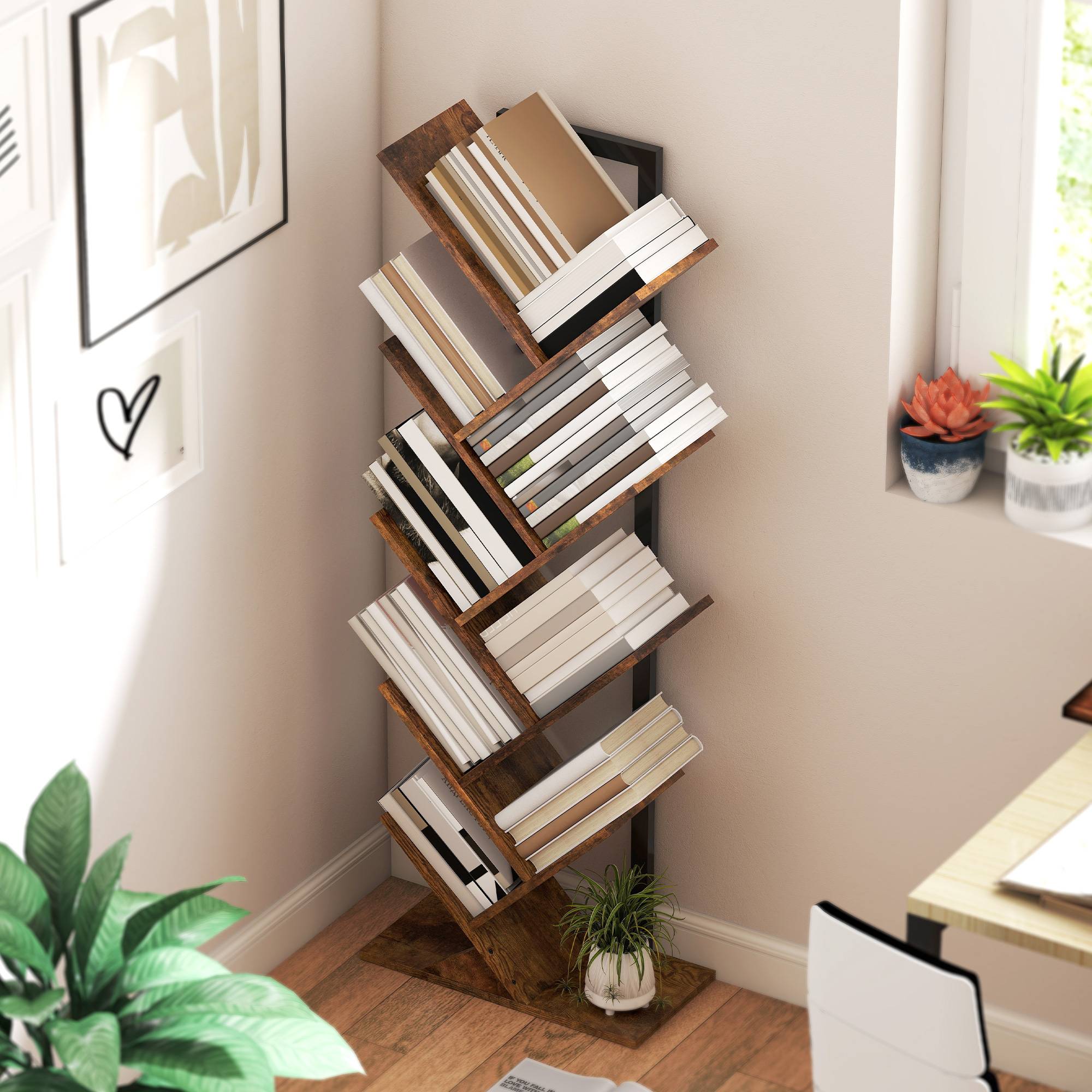 Étagère à livres, étagère autoportante à 9 niveaux, étroite, en forme d'arbre, idéale pour le bureau, couleur marron rustique - Image 9
