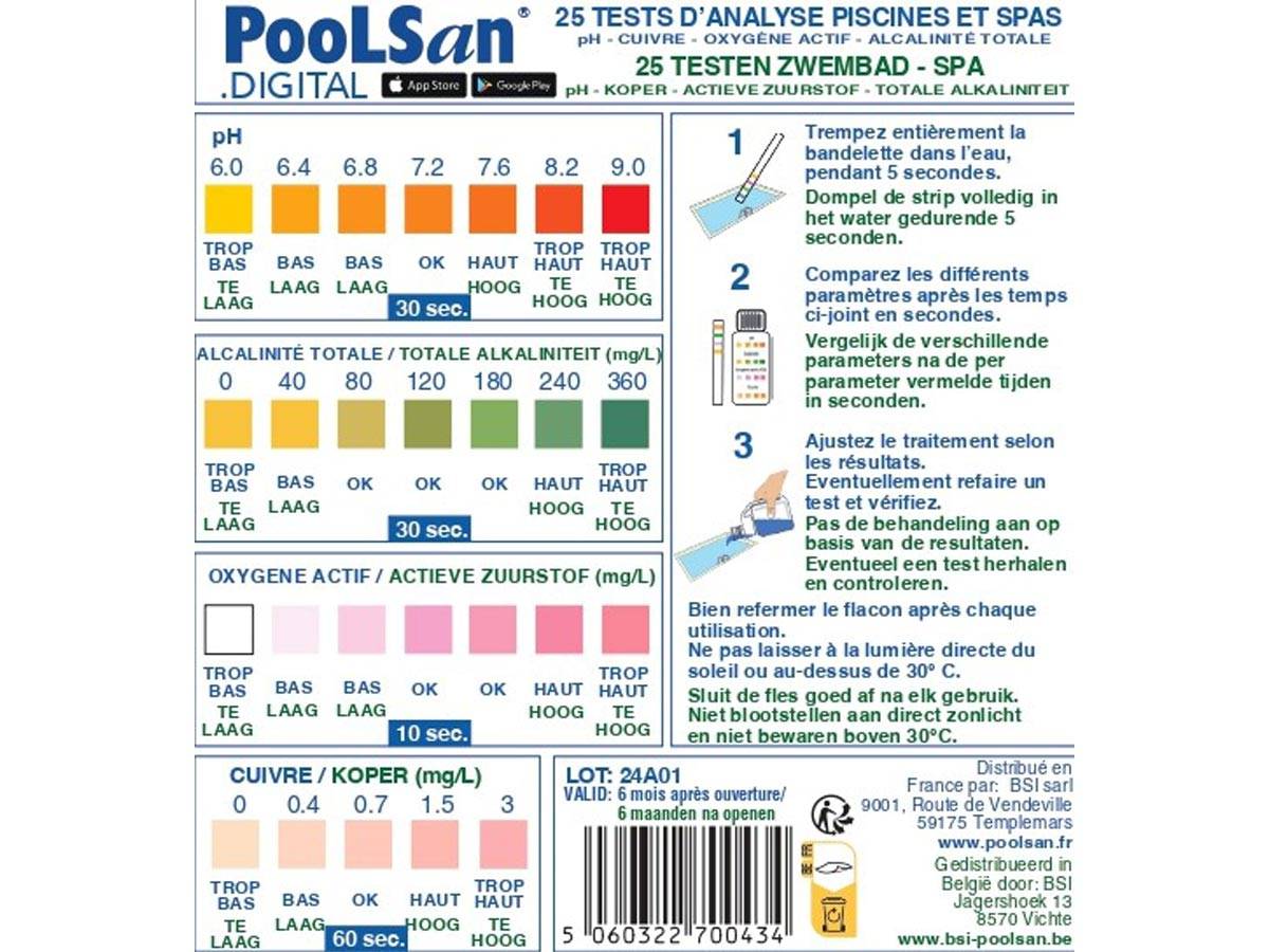 Poolsan - BSI - Bandelettes De Test - Mesure La Qualité De l'Eau - Test PooLStrips - Piscine Et Spa - 4 en 1 - 25 Bandelettes - Imagen 2