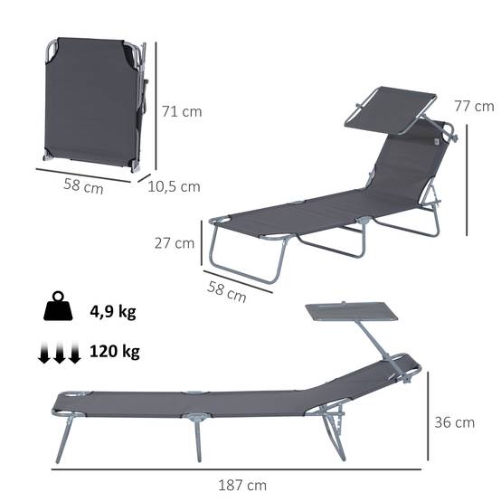 Sans Marque - Chaise longue pliante de jardin avec pare‑soleil, dossier réglable 4 positions, charge 120 kg, pour jardin, balcon, piscine, 6 couleurs dont gris - Image 4
