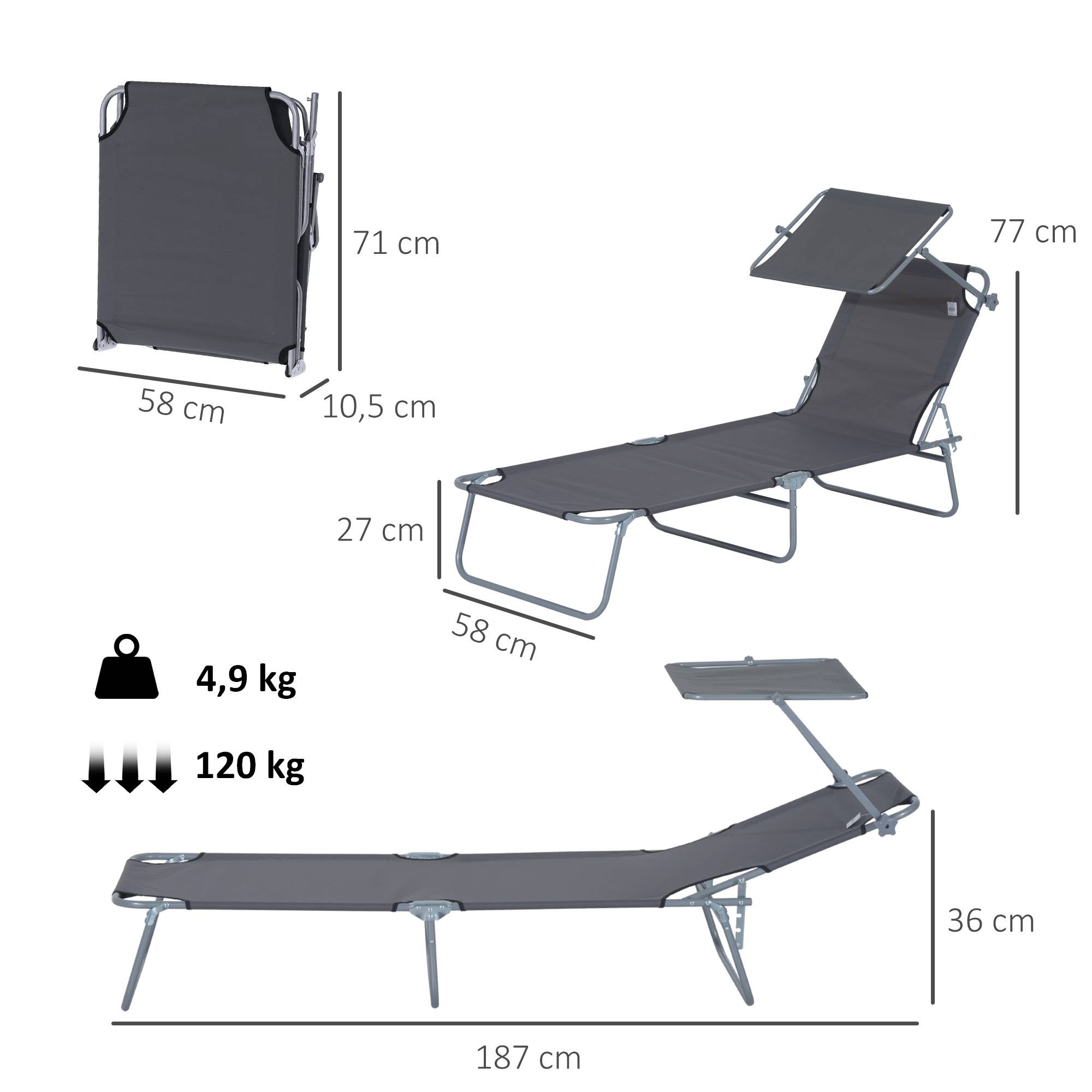 Sans Marque - Chaise longue pliante de jardin avec pare‑soleil, dossier réglable 4 positions, charge 120 kg, pour jardin, balcon, piscine, 6 couleurs dont gris - Image 4