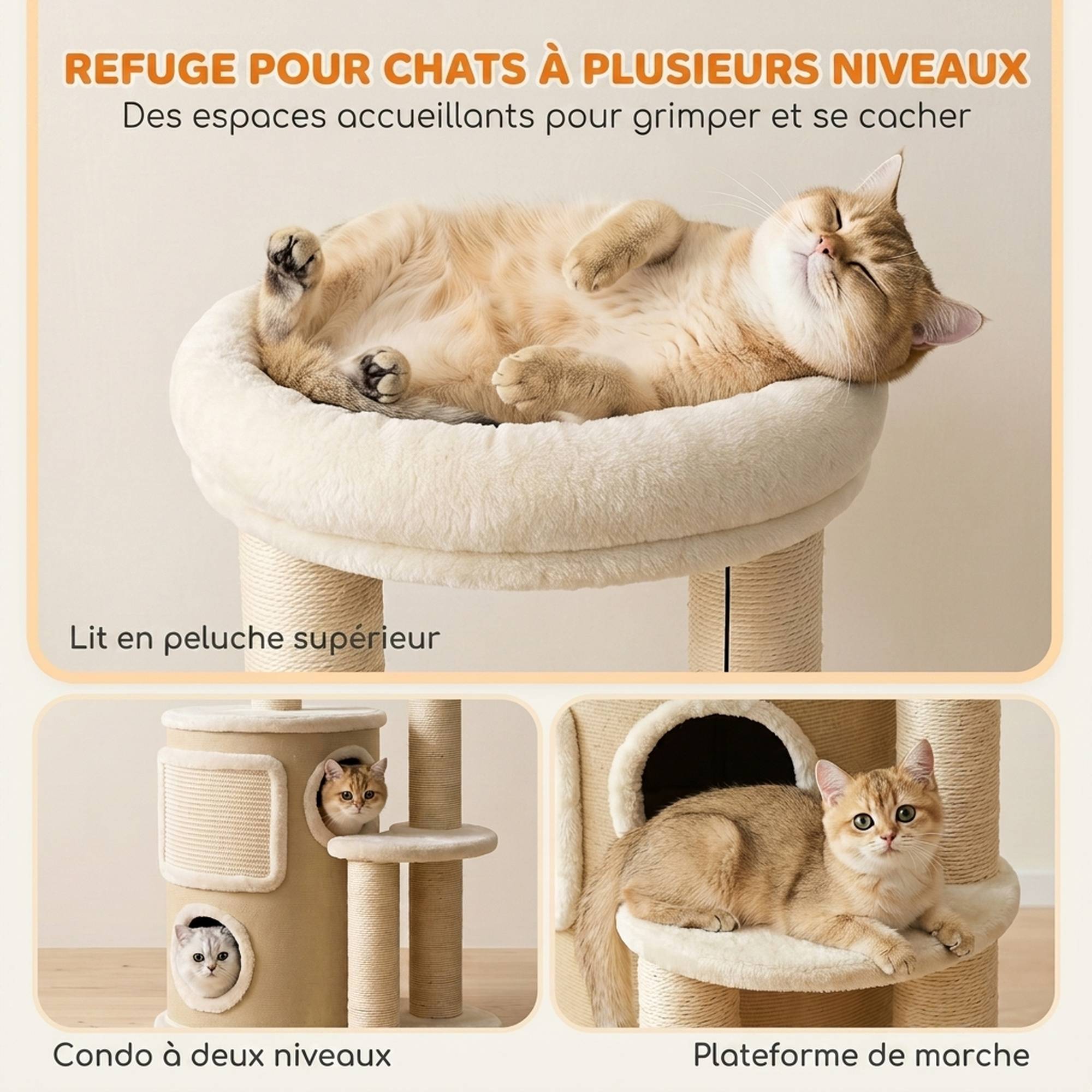 Arbre à chat multi-niveaux avec tonneau, double niche, lit, plateforme, poteaux sisal, 55x39x90cm, beige - Image 6