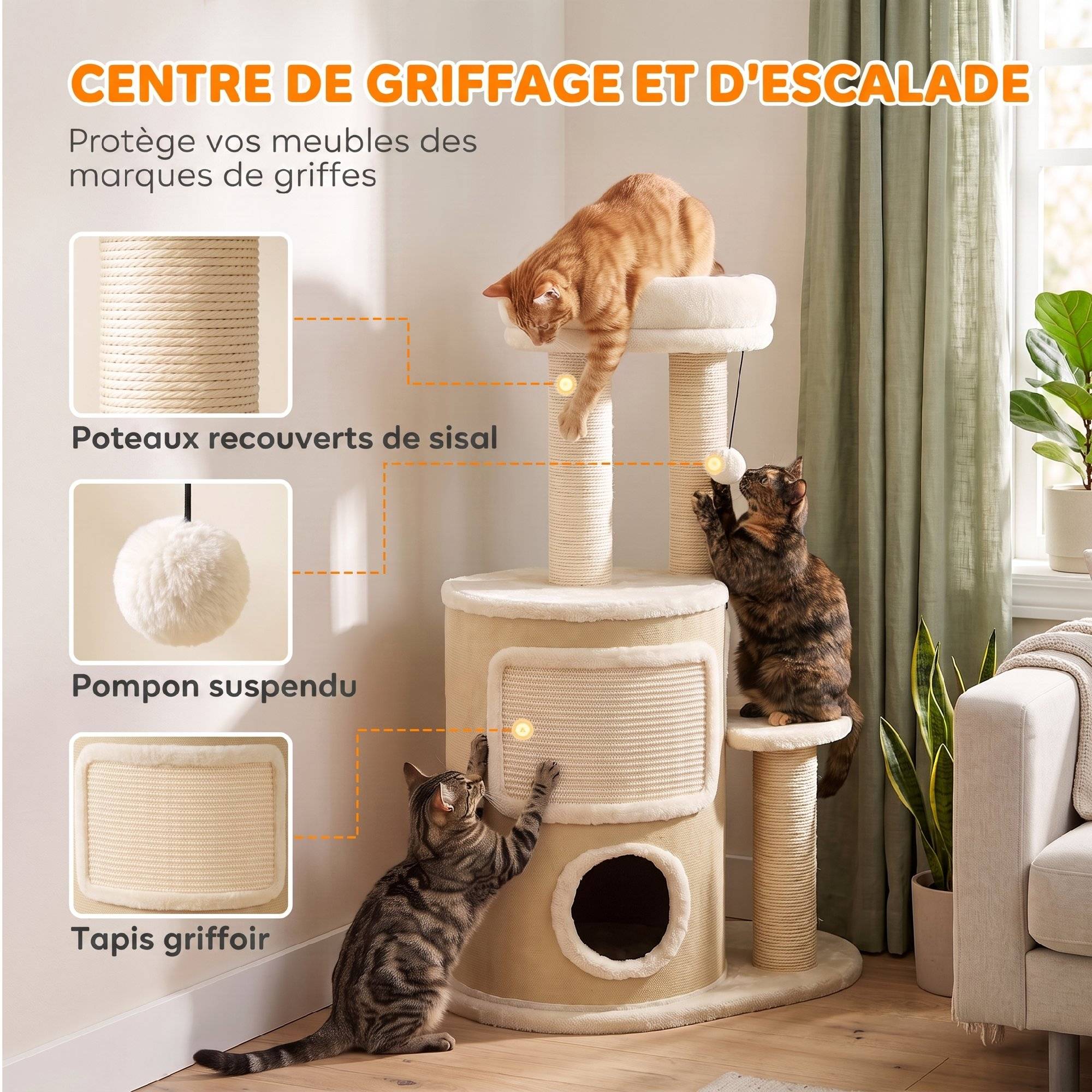Arbre à chat multi-niveaux avec tonneau, double niche, lit, plateforme, poteaux sisal, 55x39x90cm, beige - Image 7