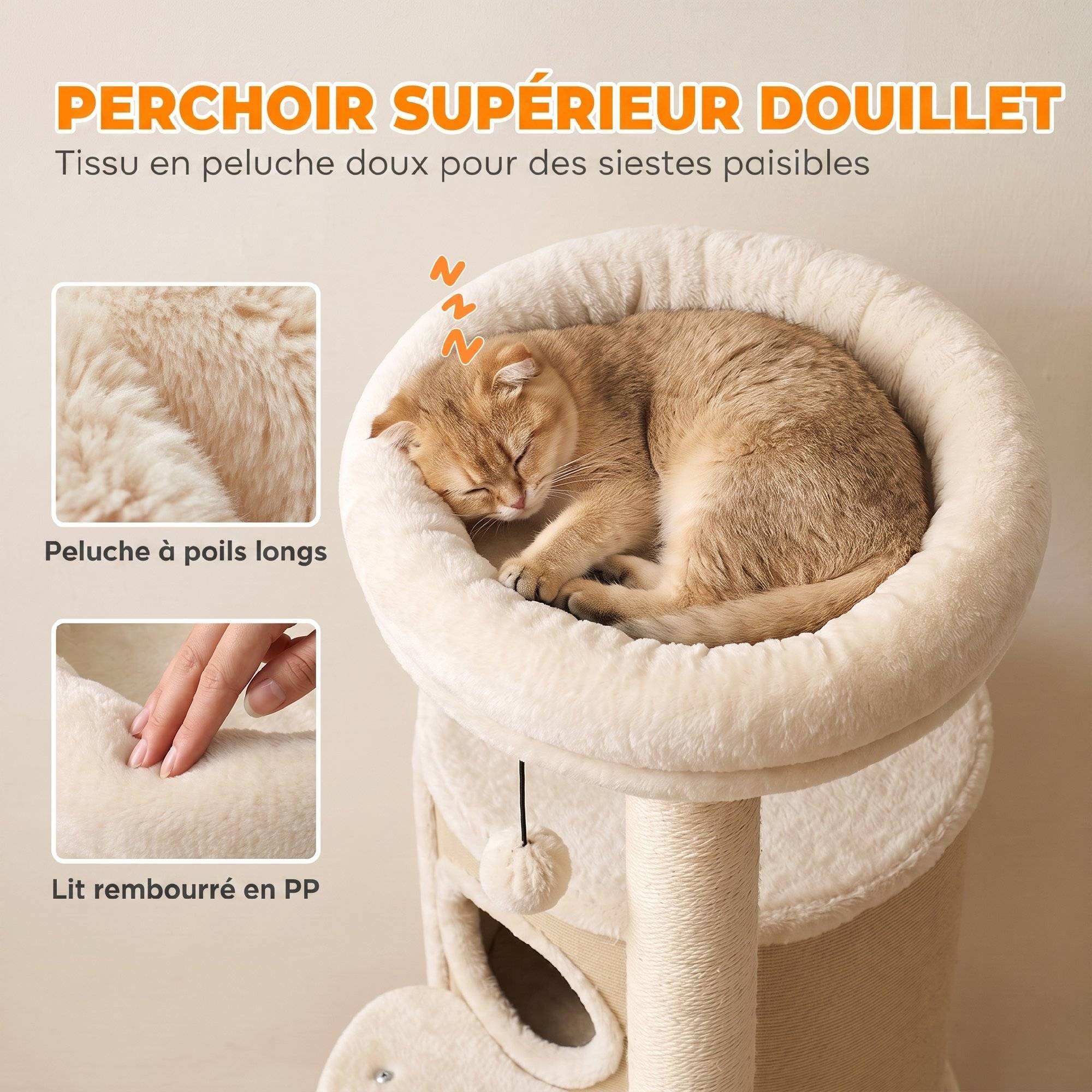 Arbre à chat multi-niveaux avec tonneau, double niche, lit, plateforme, poteaux sisal, 55x39x90cm, beige - Image 9