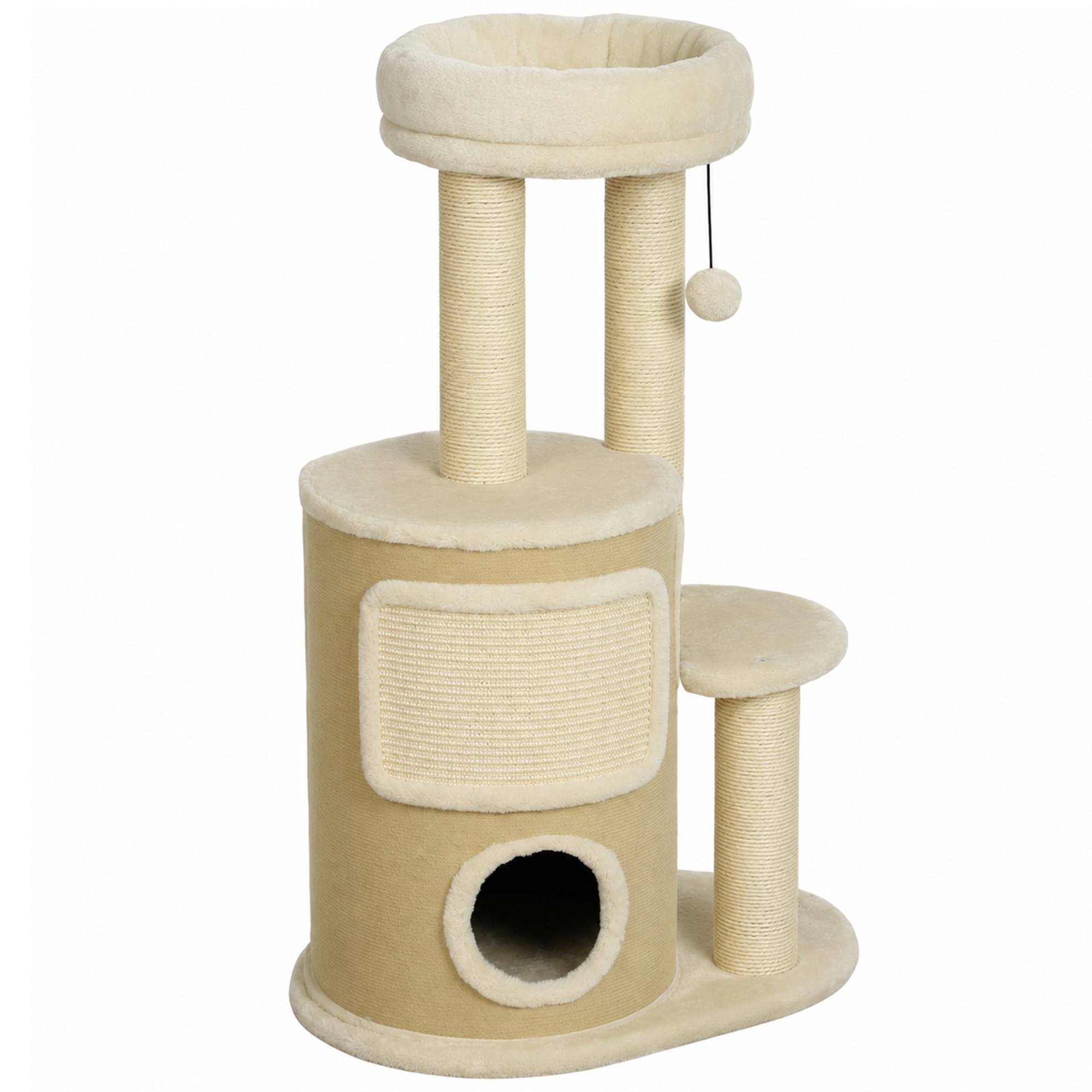 Arbre à chat multi-niveaux avec tonneau, double niche, lit, plateforme, poteaux sisal, 55x39x90cm, beige - Image 2