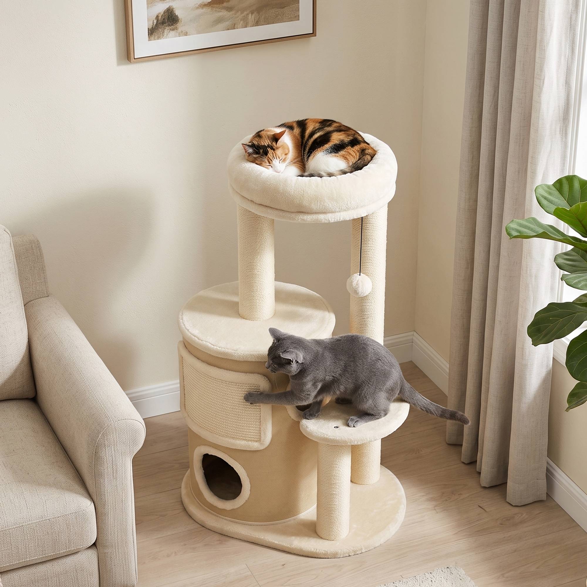 Arbre à chat multi-niveaux avec tonneau, double niche, lit, plateforme, poteaux sisal, 55x39x90cm, beige - Image 10