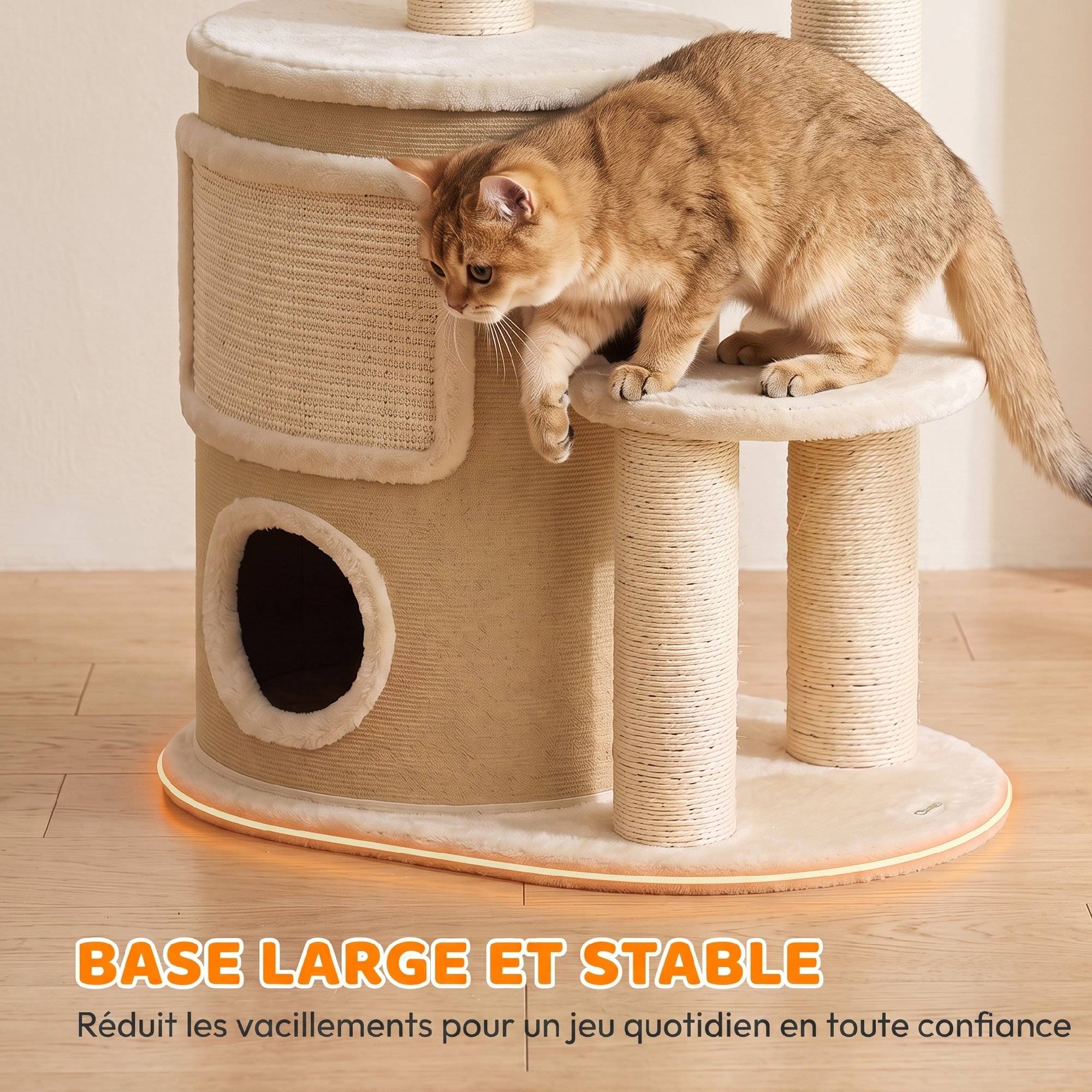Arbre à chat multi-niveaux avec tonneau, double niche, lit, plateforme, poteaux sisal, 55x39x90cm, beige - Image 8