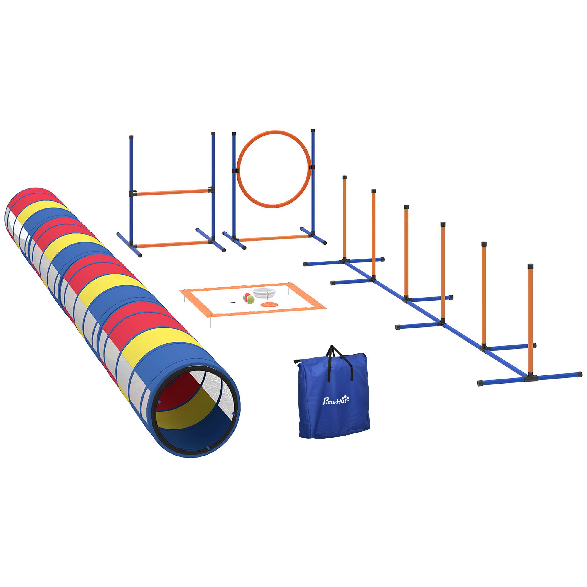 Équipement d'Agilité pour Chien 12 Pièces, 4 Tunnels, Sauts Ajustables, Anneau, Slaloms, 357x65x68cm, Multicolore