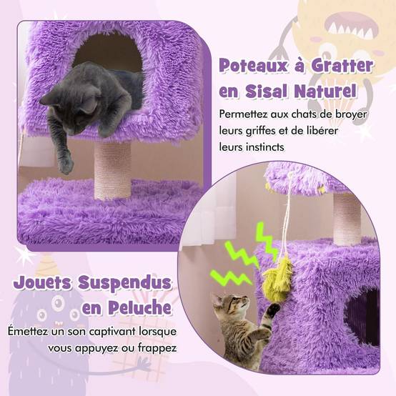 COSTWAY Arbre à Chat Design 111 cm, Tour pour Chat en Forme de Monstre, 3 Étages, Poteaux à Griffer en Sisal, Grand Arbre à Chat Intérieur, Violet - Image 6
