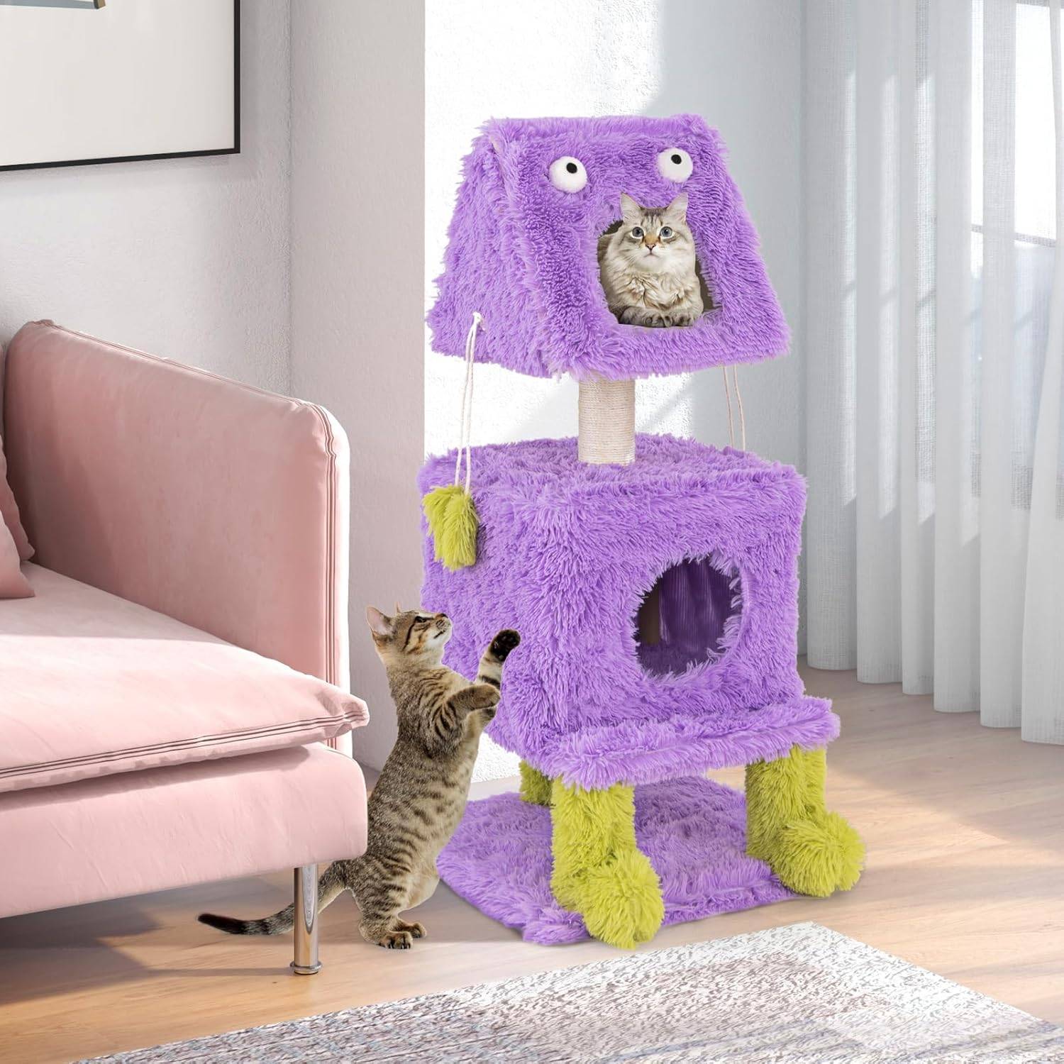 COSTWAY Arbre à Chat Design 111 cm, Tour pour Chat en Forme de Monstre, 3 Étages, Poteaux à Griffer en Sisal, Grand Arbre à Chat Intérieur, Violet - Image 2