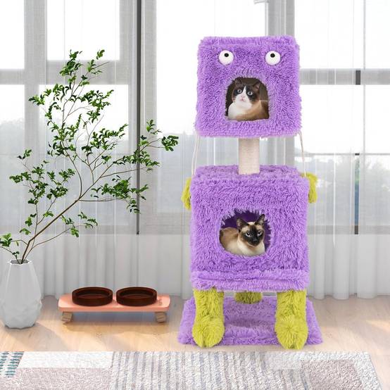 COSTWAY Arbre à Chat Design 111 cm, Tour pour Chat en Forme de Monstre, 3 Étages, Poteaux à Griffer en Sisal, Grand Arbre à Chat Intérieur, Violet - Image 3